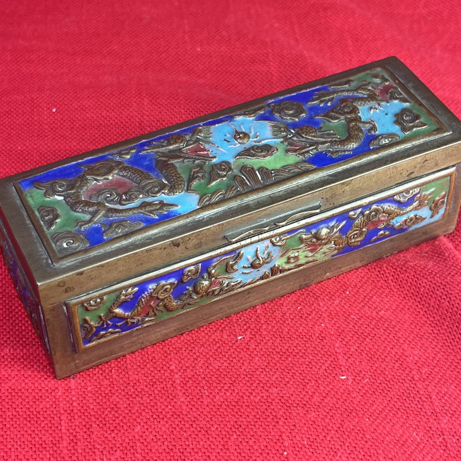 STAMPS BOX ANTIQUE 1890 JAPANESE Dragon Repousse With Enamel METAL JAPAN Rare