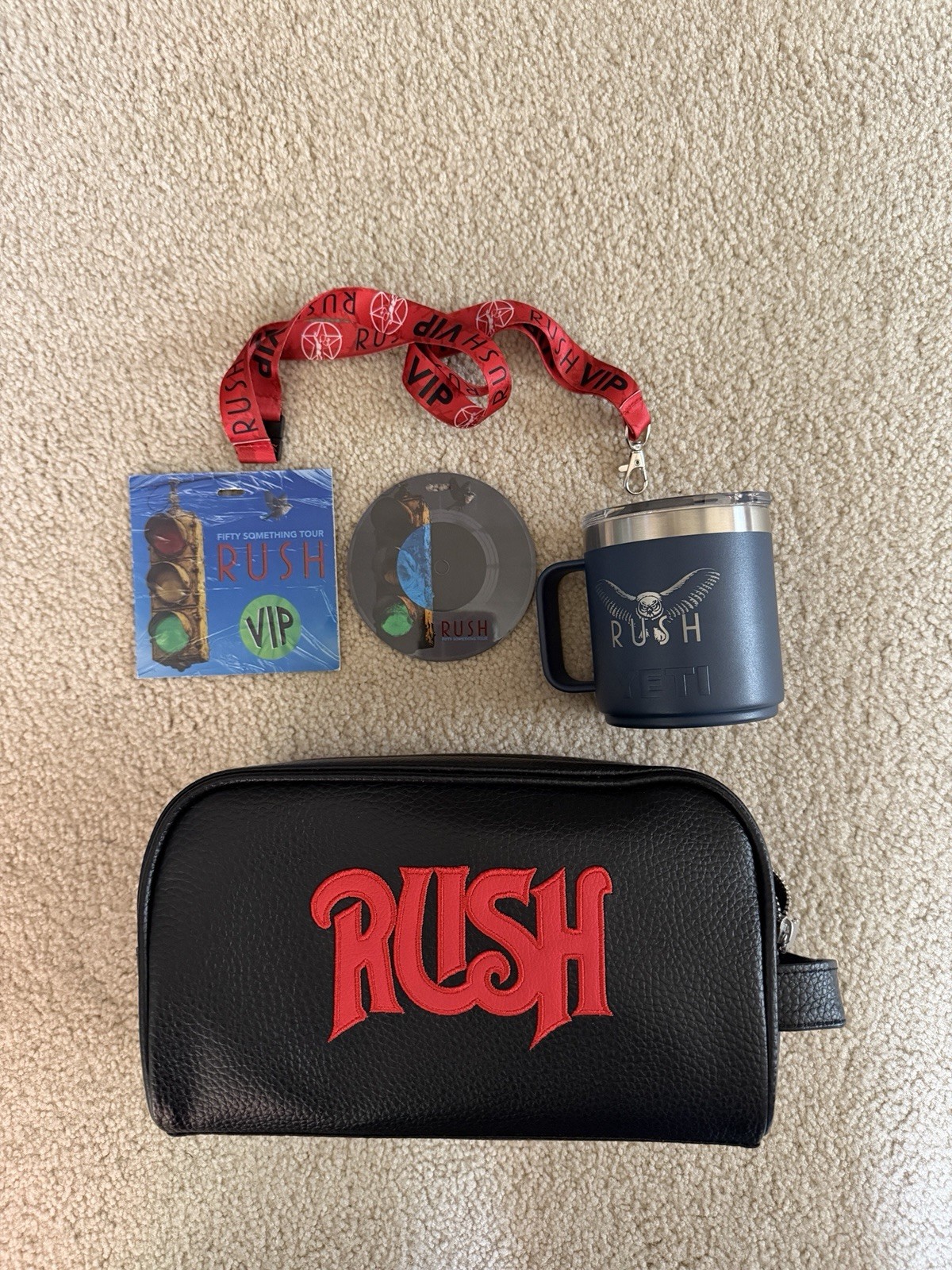 RUSH VIP Fifty Something Tour Toiletry Bag, Yeti Mug, VIP pass w/lanyard RARE