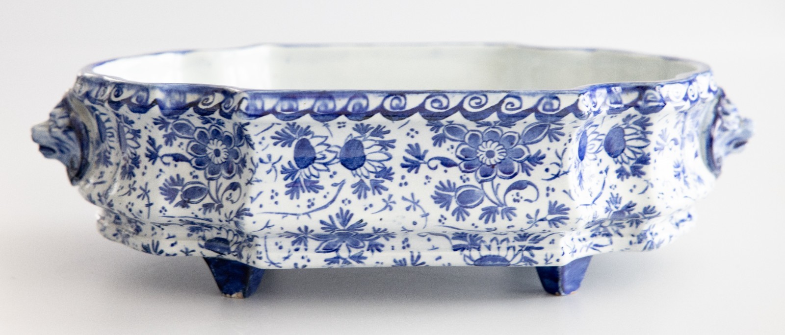 Antique 19th C. French Faience Delft Style Lion Jardiniere Cachepot Centerpiece
