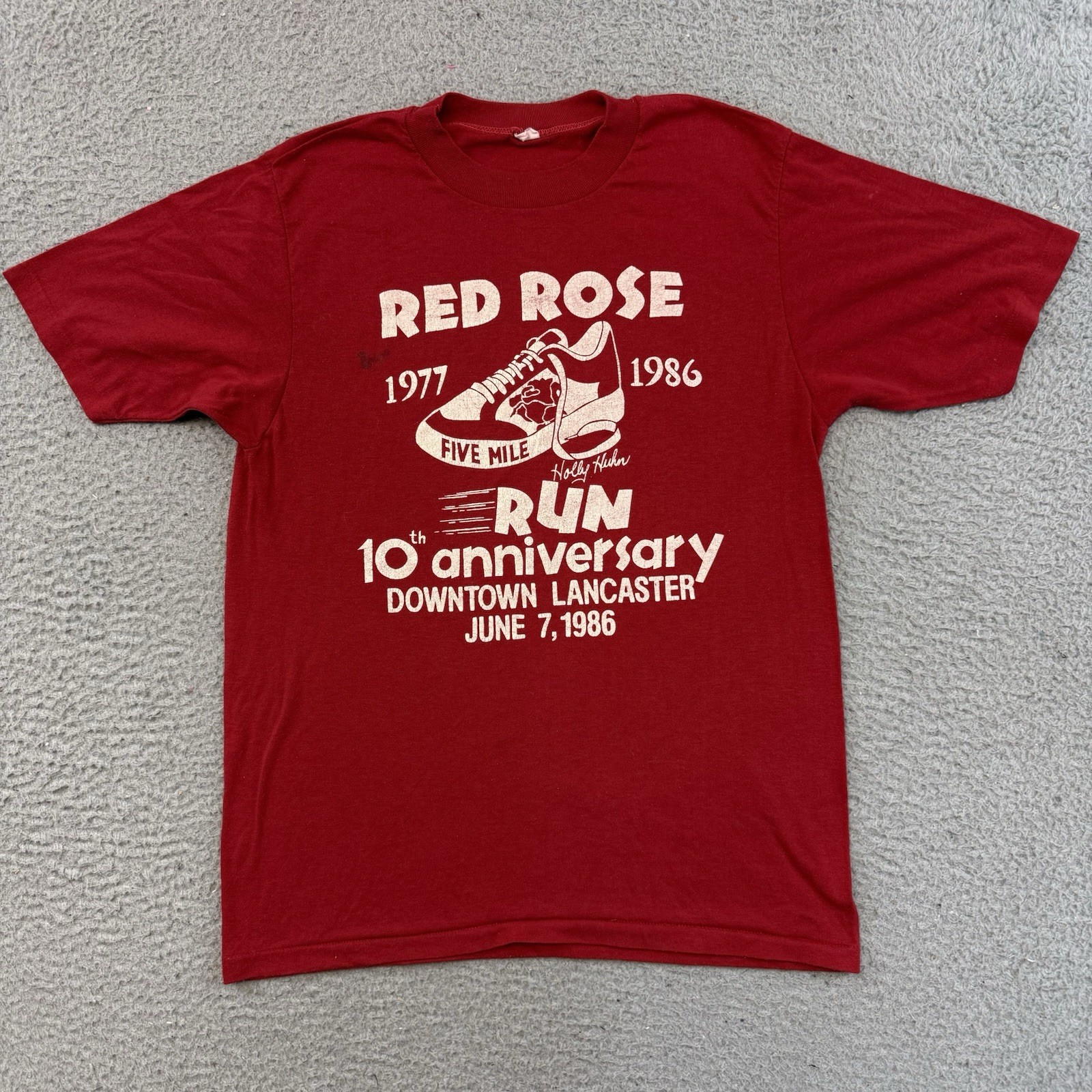 Vintage Running Marathon Shirt Mens Medium Red 80s Lancaster Pennsylvania Sport