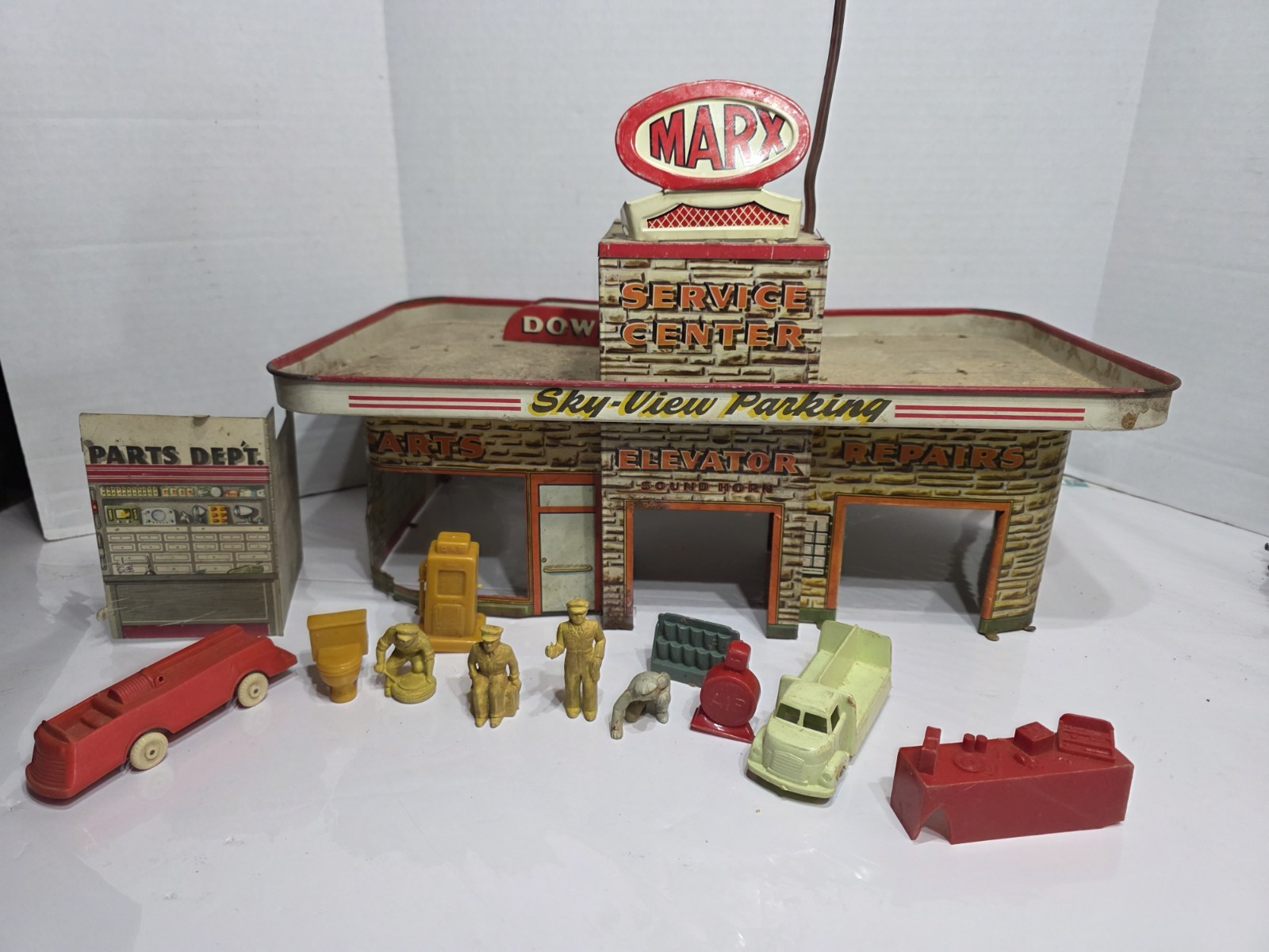 1950\'s Marx Sky-View Parking Service Center Playset Tin Litho Vintage 1950\'s Marx Sky-View Parking Service Center Playset Tin Litho Vintage