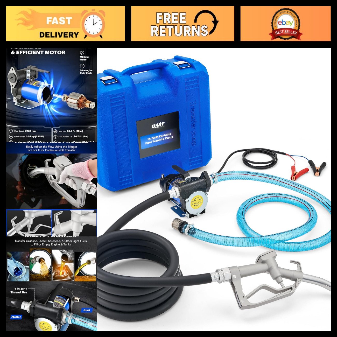 12V Electric Fuel Transfer Pump Kit - 15GPM Diesel & Gasoline Pump for Easy Refu