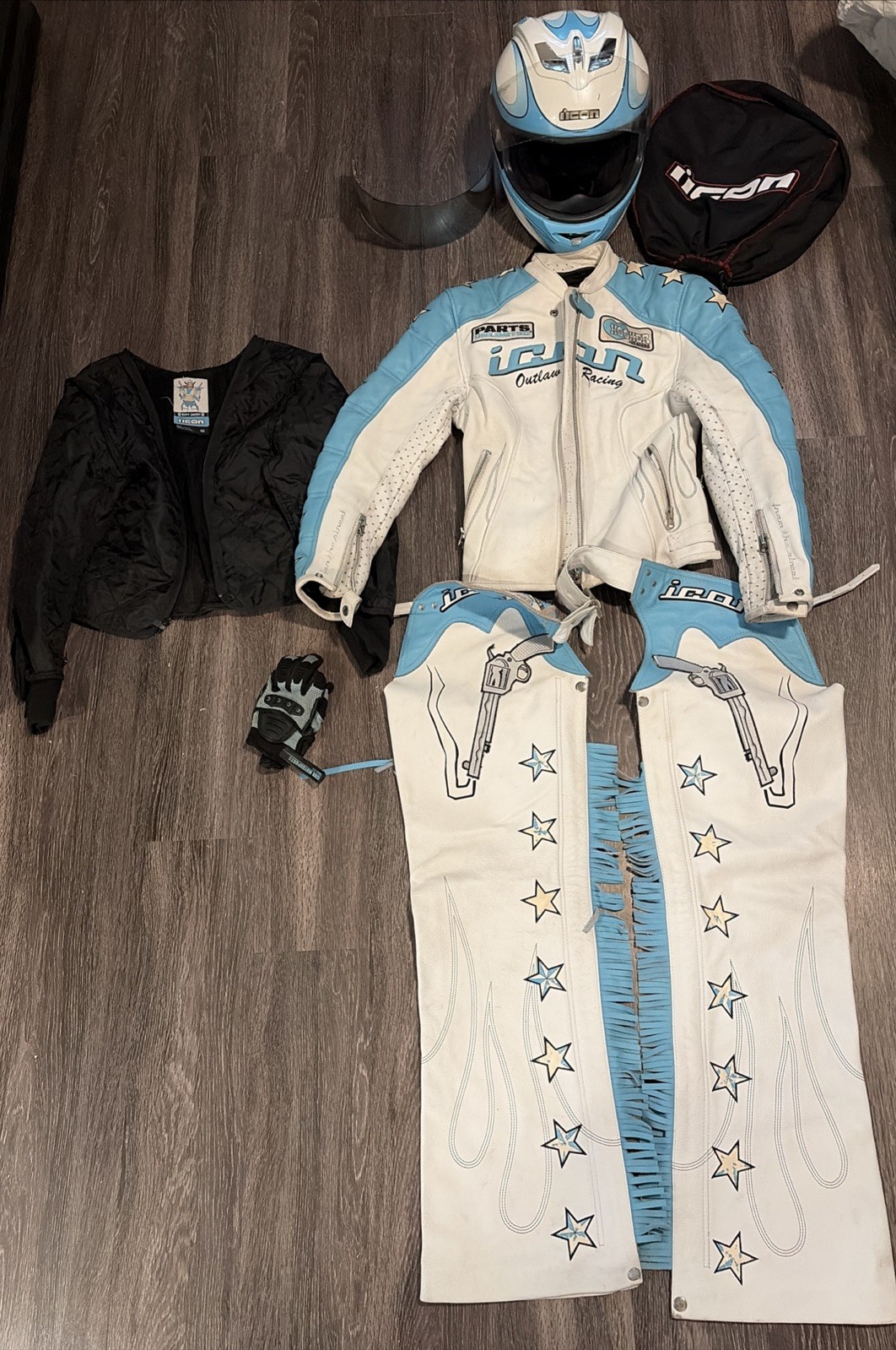 ICON Kitty Womens Motorcycle Jacket Chaps Helmet Outlaw Leather Blue White READ