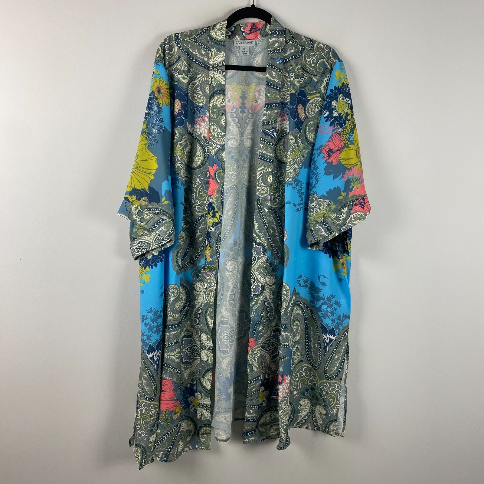 Catherines Luxe Georgette Long Duster Kimono Size 2X Blue Paisley Floral Boho
