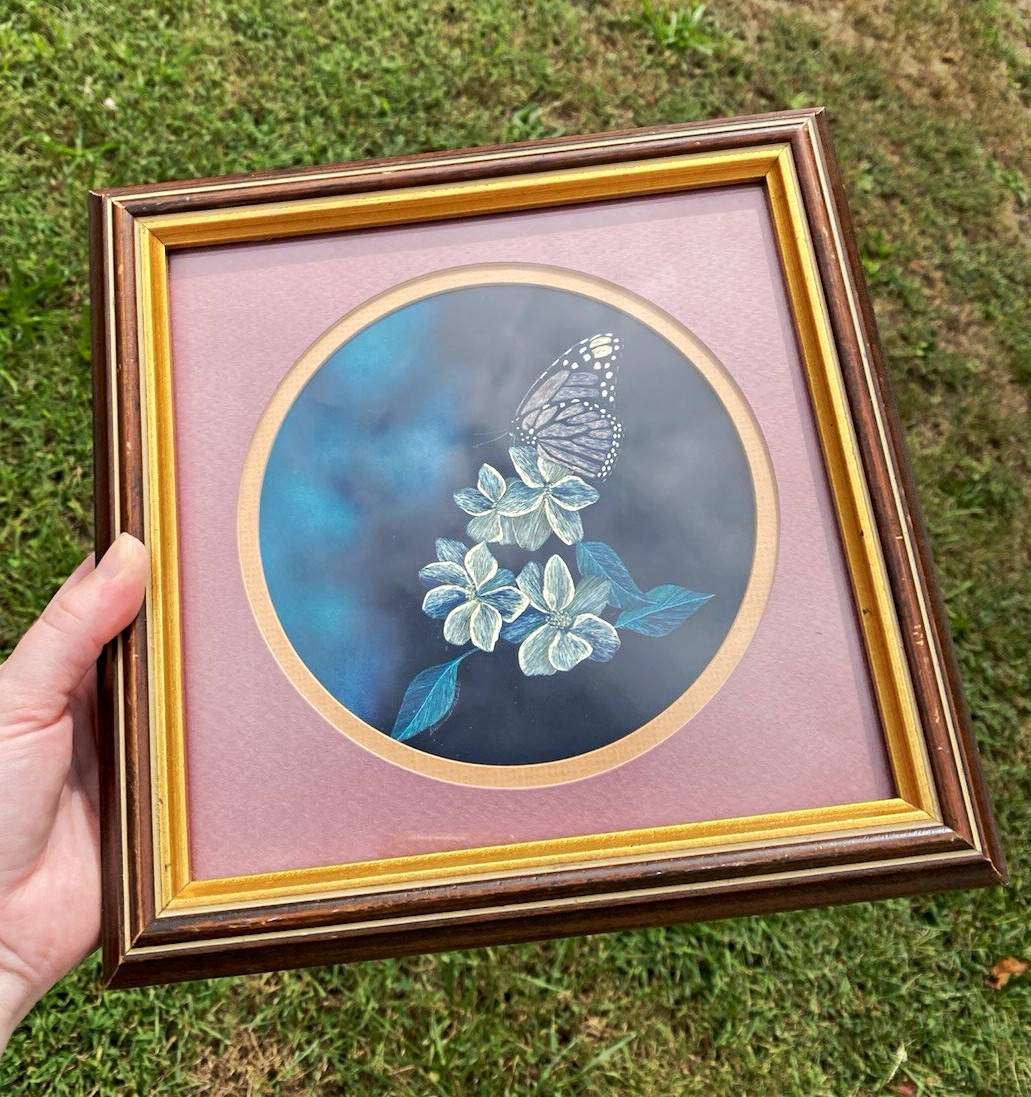 Vintage Framed Portrait Print on Paper, Monarch Butterfly & Flowers, Small