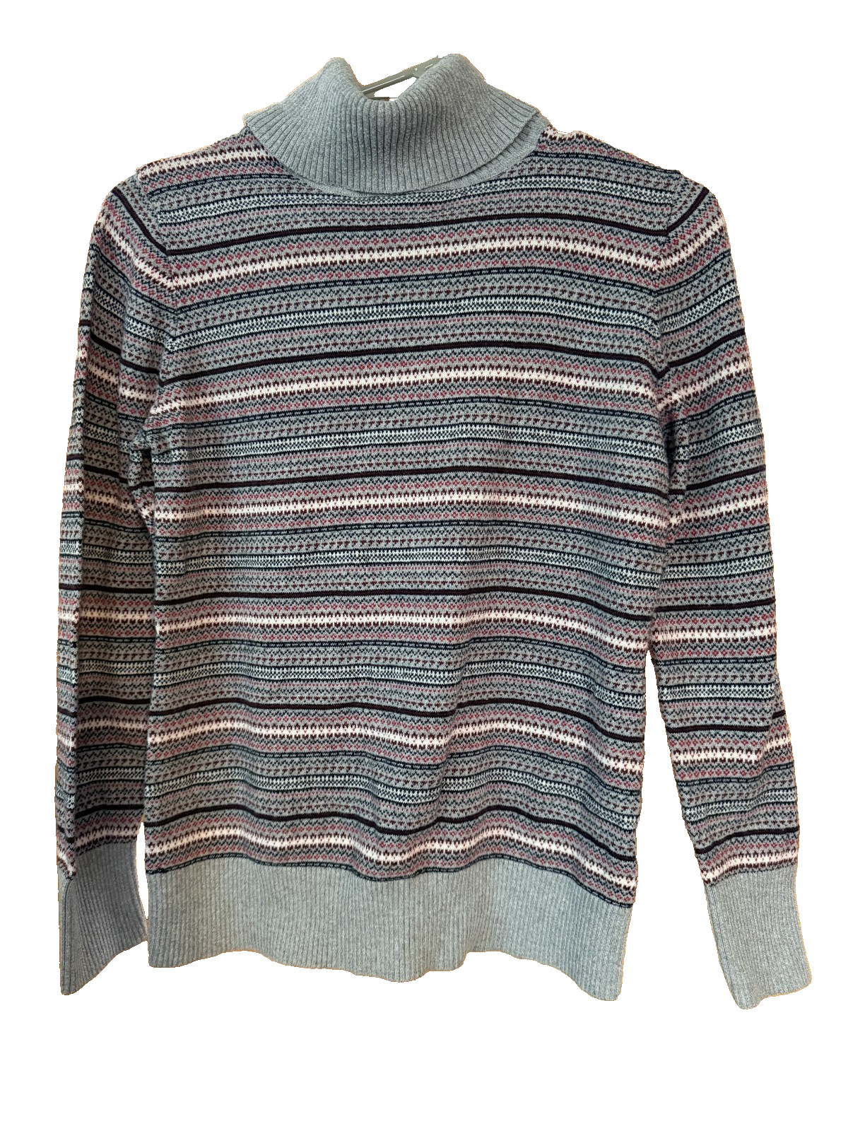 LL Bean Womens Gray Fair Isle Cotton Cashmere Turtleneck Sweater Medium