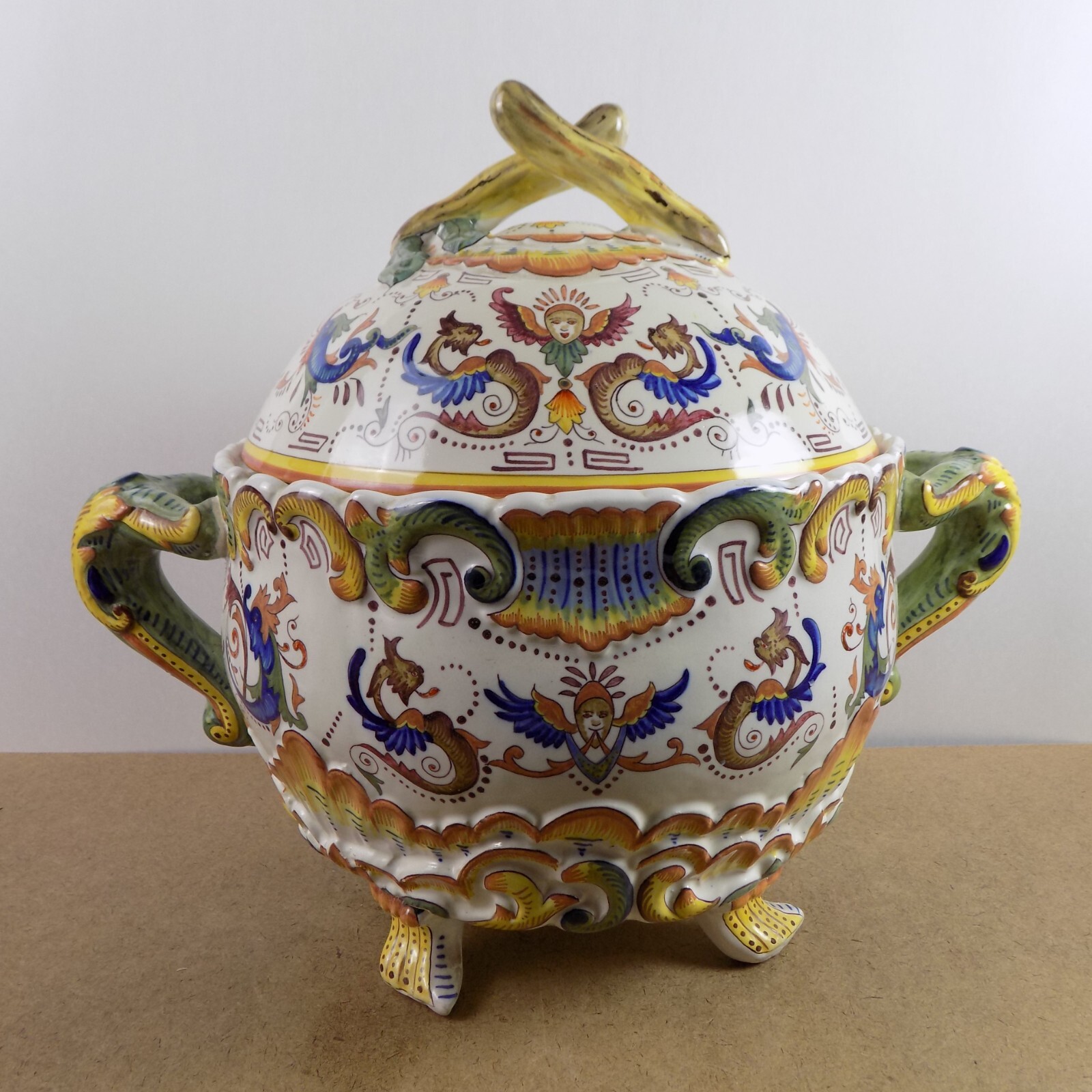 Antique Desvres French Faience Pottery Tureen Hand Painted Renaissance Pattern Antique Desvres French Faience Pottery Tureen Hand Painted Renaissance Pattern