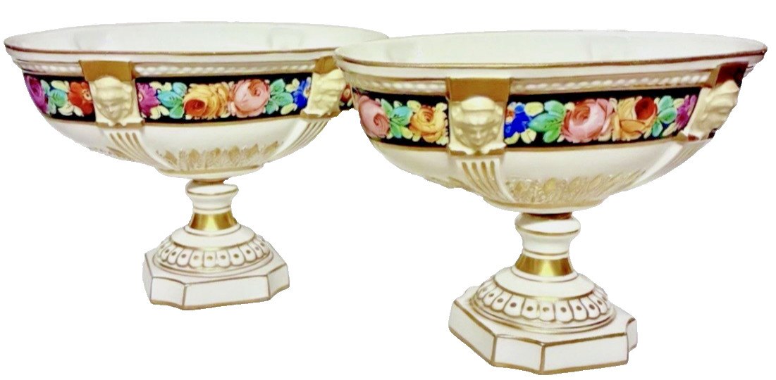 Antique 1880s Ferdinand Bing & Co Hand Decorated French Porcelain Tazza ~ A Pair