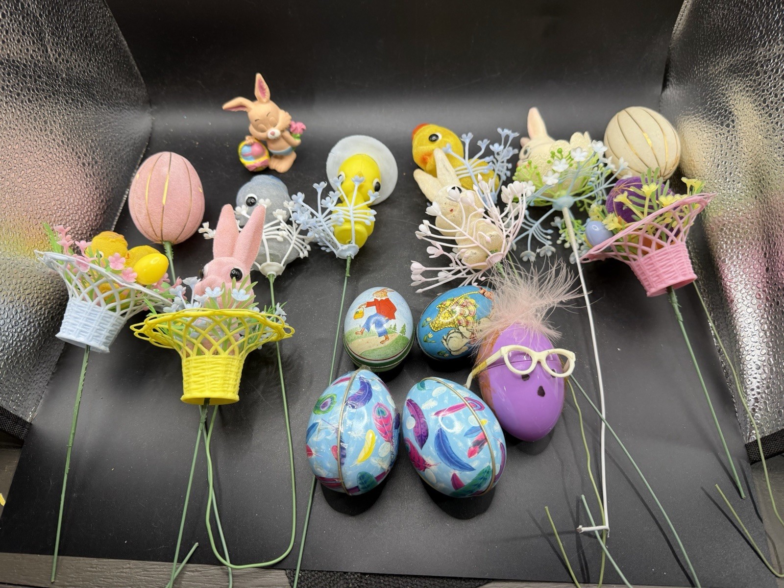 Vtg Easter Craft Pick Tin Litho Egg Lot Chenille Chick Bunny Flower Decor