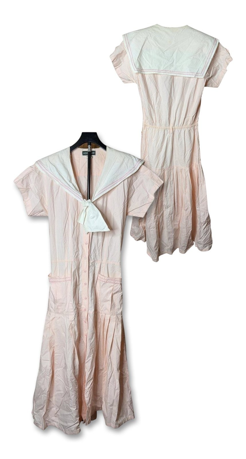 Vintage 80s Moonglow Pink Cotton Sailor Collar Drop Waist Dress Pockets Size M