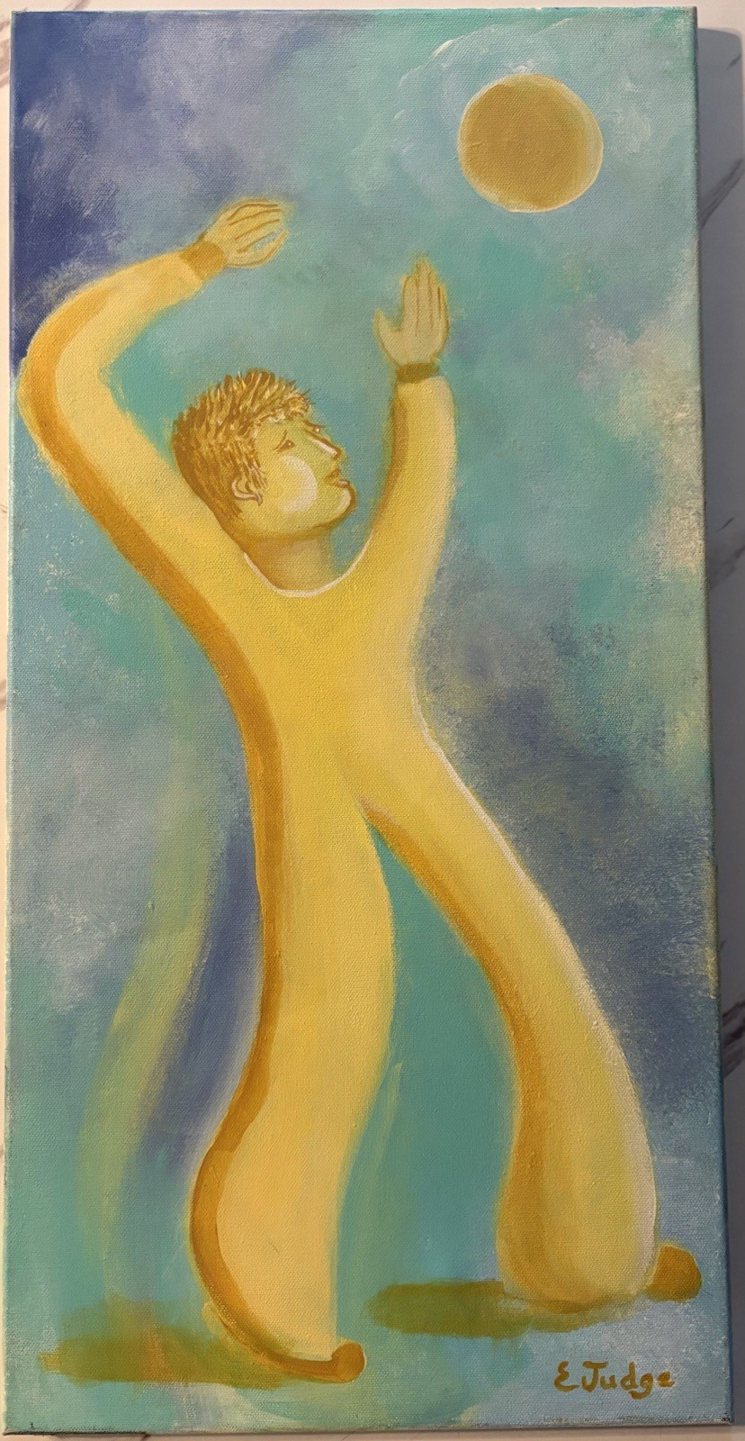 Original Signed Acrylic Painting Canvas Abstract Folk  Art Figure Sun Sky