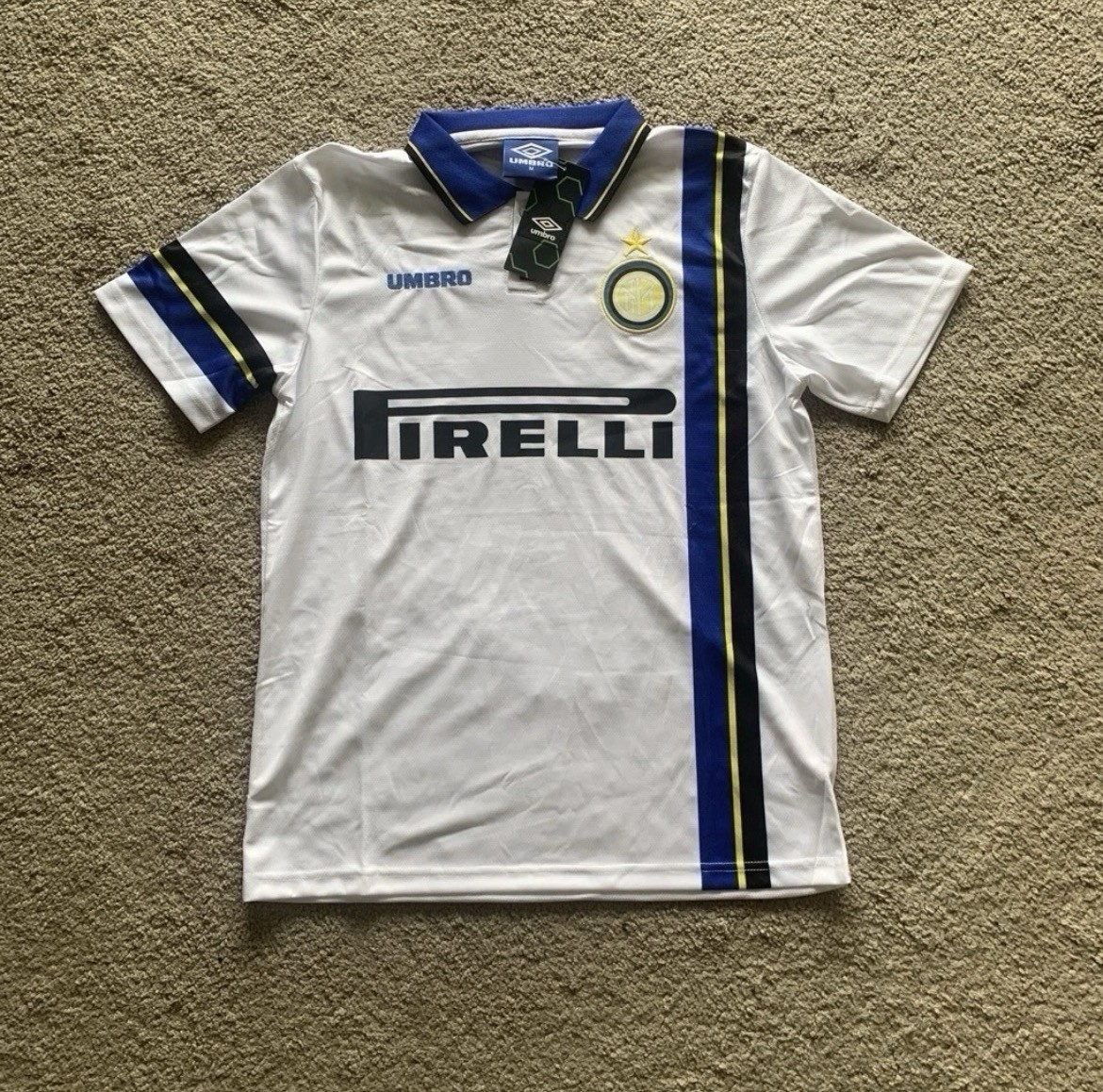 Inter Milan 1997/1998 Umbro White Jersey with Blue and Yellow Stripes Size M