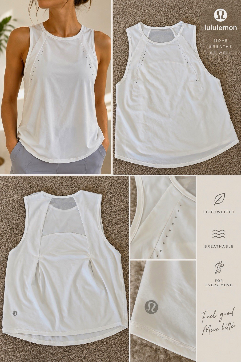 lululemon Women\'s White Mesh Tank Top S Lightweight Breathable Relaxed Fit