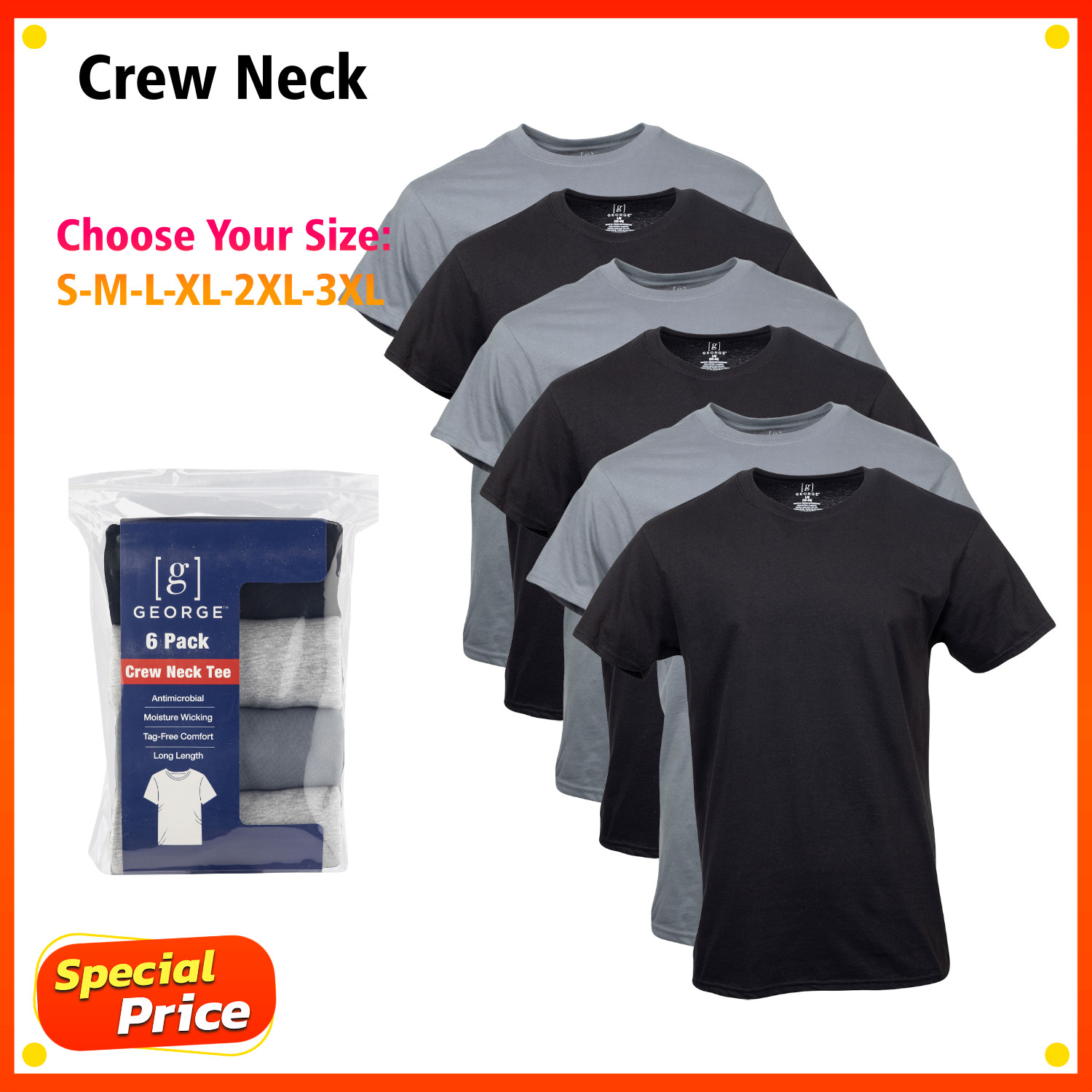 George Men\'s Assorted Crew T-Shirts, 6-Pack