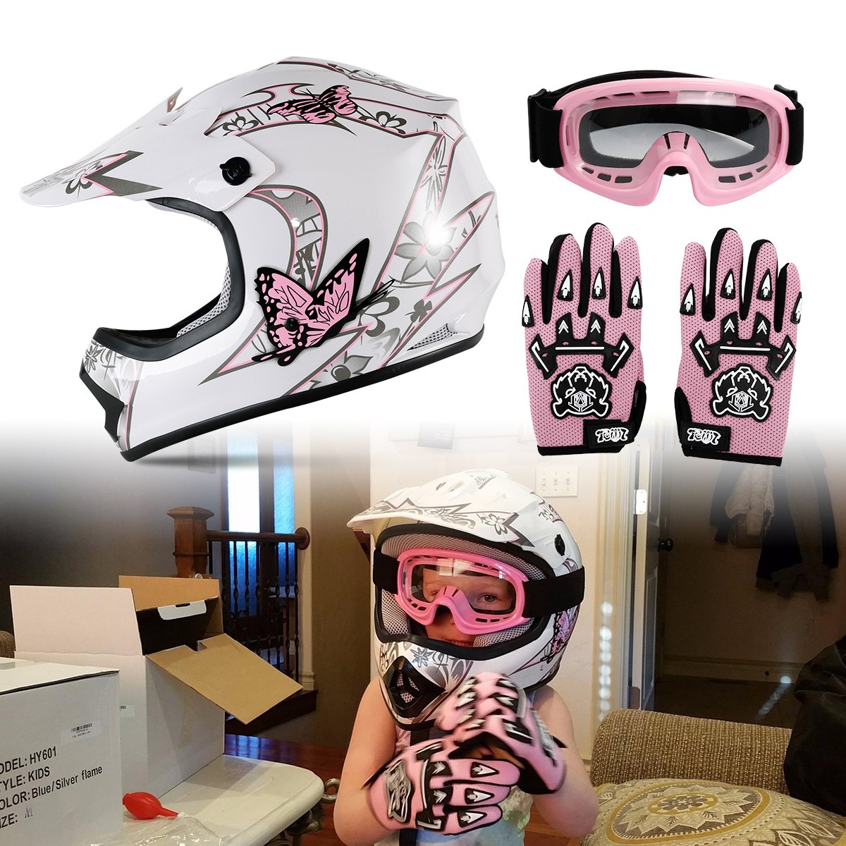 DOT Youth Dirt Bike Helmet Kids ATV Motocross Goggles+Gloves 5 Colors S~XL