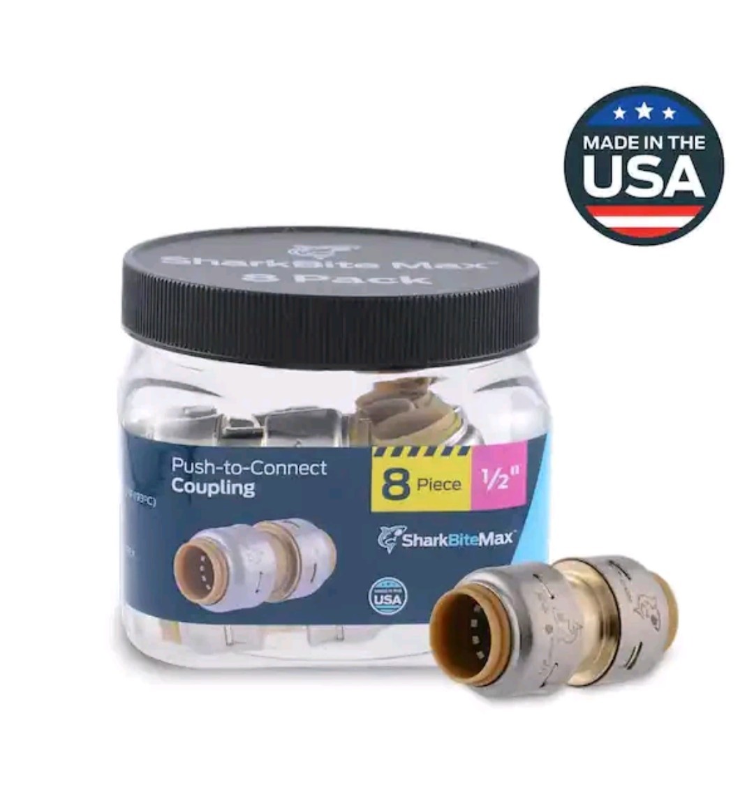 Brand New Sharkbite Max 1/2 in. Brass Coupling Fitting Pro Pack (8-Pack) Brand New Sharkbite Max 1/2 in. Brass Coupling Fitting Pro Pack (8-Pack)