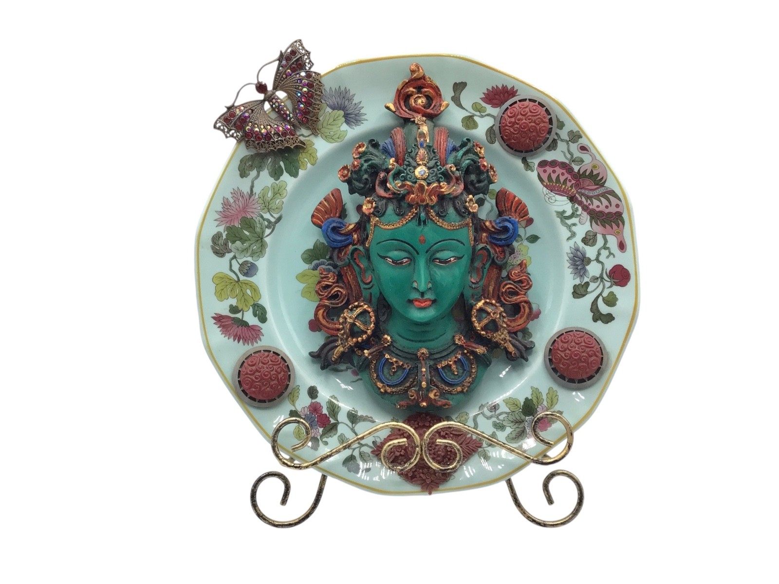 Handmade Buddha Collage Plate, Maximalist Decor, Assemblage Art, Jewel Butterfly