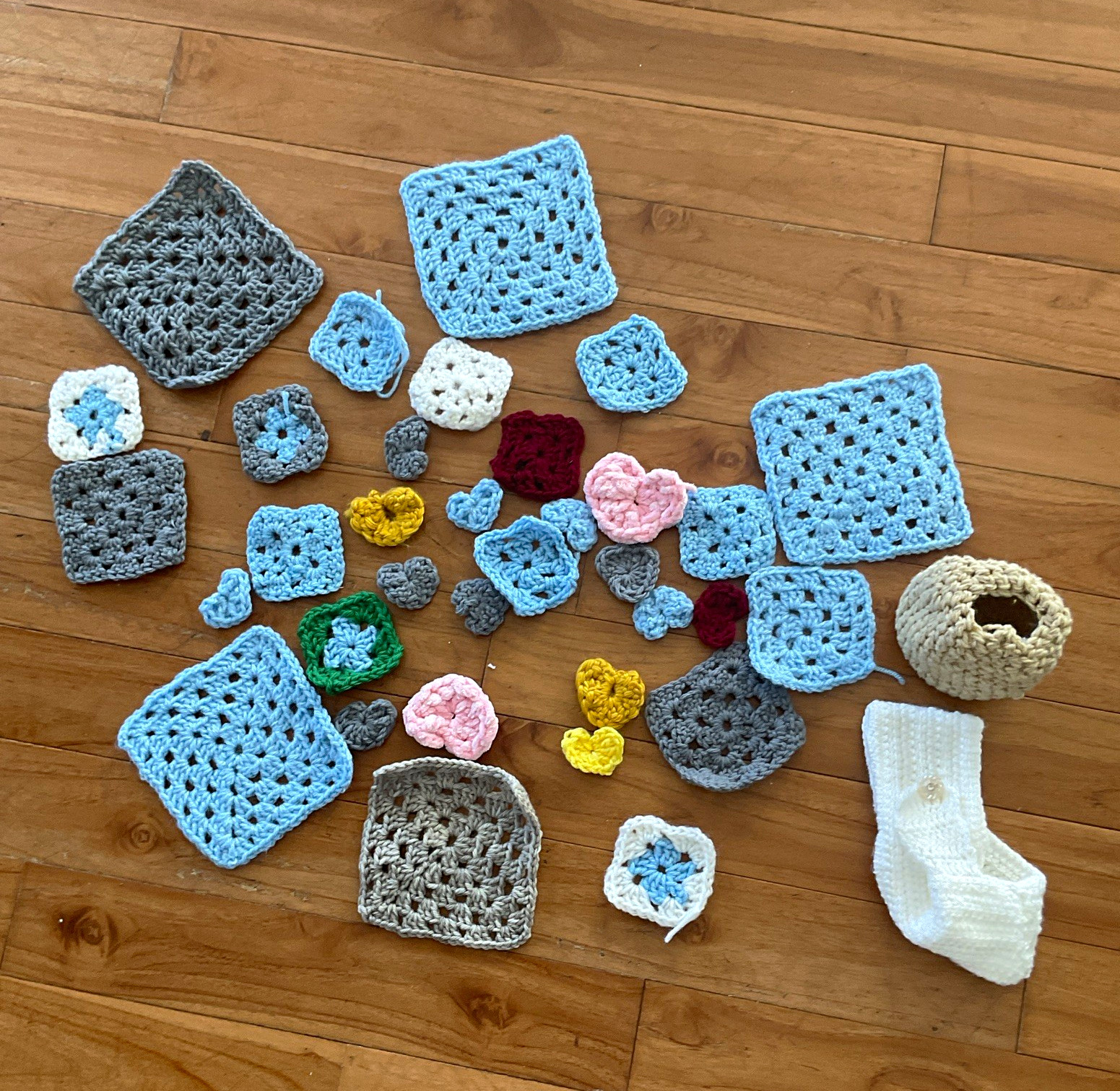Handmade Crochet Granny Squares & Heart Motifs Mixed Lot w/ Baby Hat & Booties