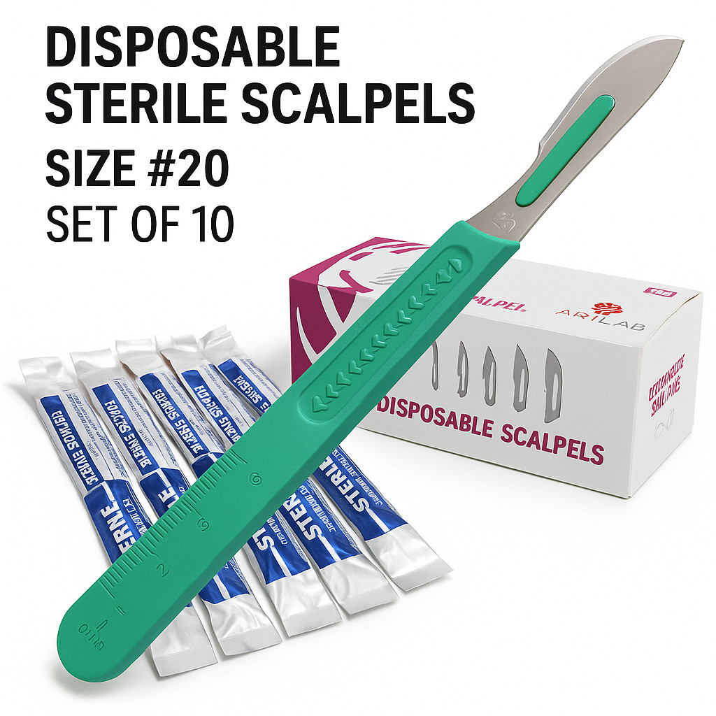 10 PCS BOX- STERILE DISPOSABLE SCALPELS #20 SINGLE USE - DISSECTING, SURGICAL