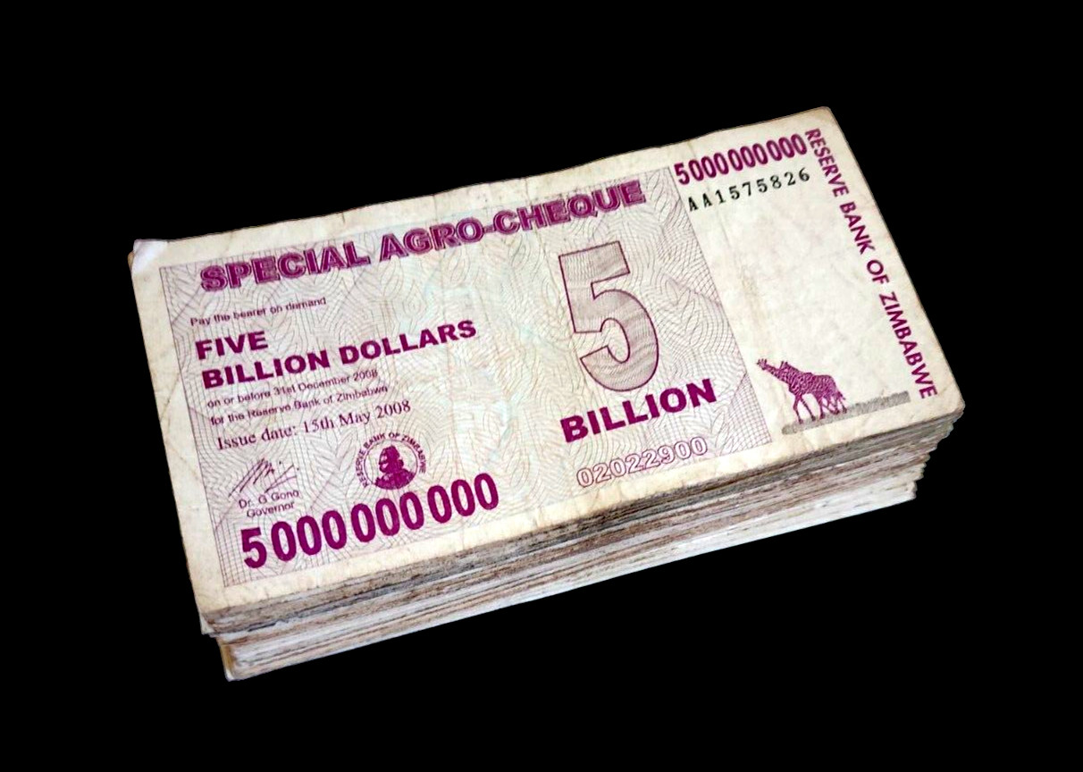 100 pcs x Zimbabwe 5 Billion dollar agro cheque banknotes / 2008 / Lot of 100