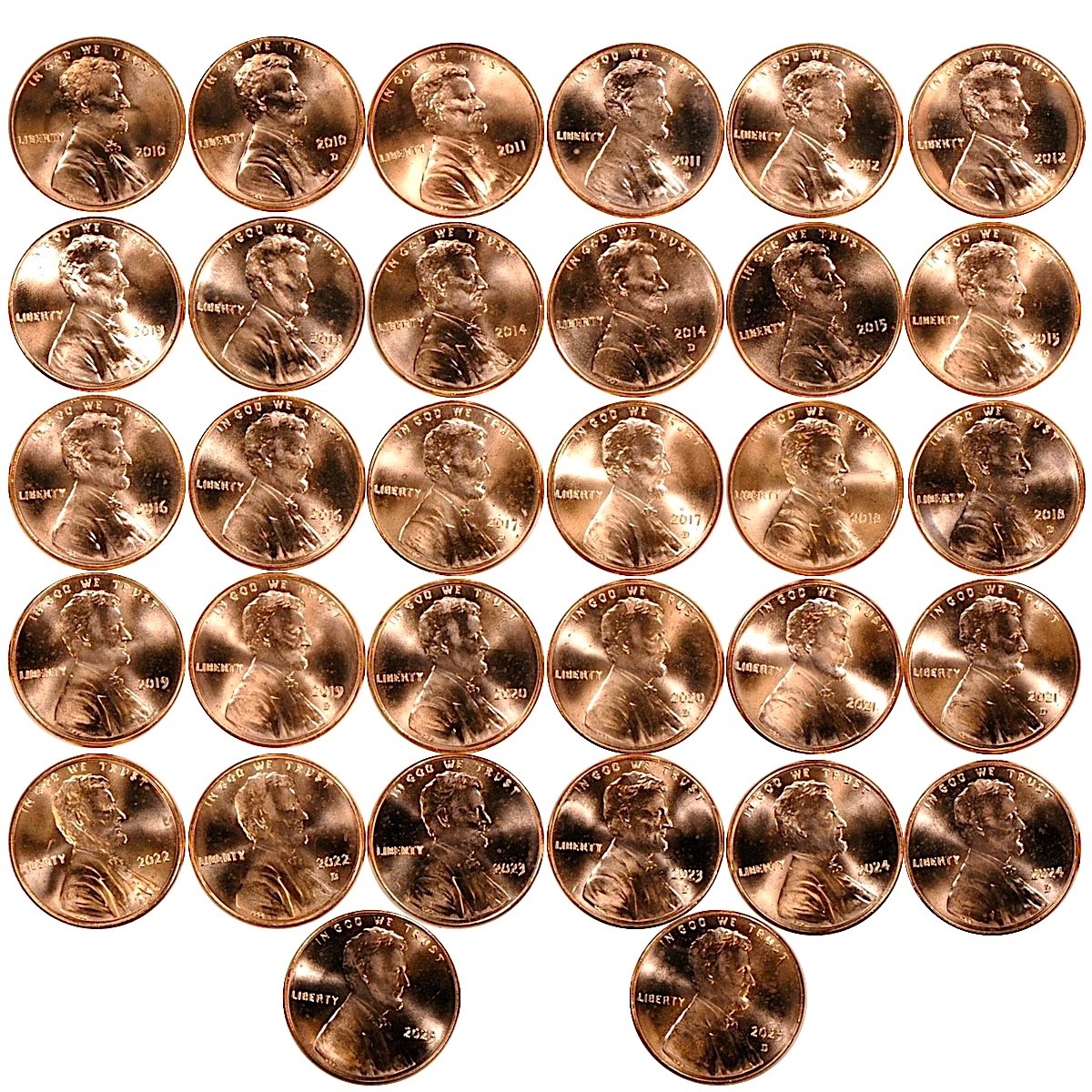 2010-2025 P&D Lincoln Shield Cents 32 Penny Set BU UNC