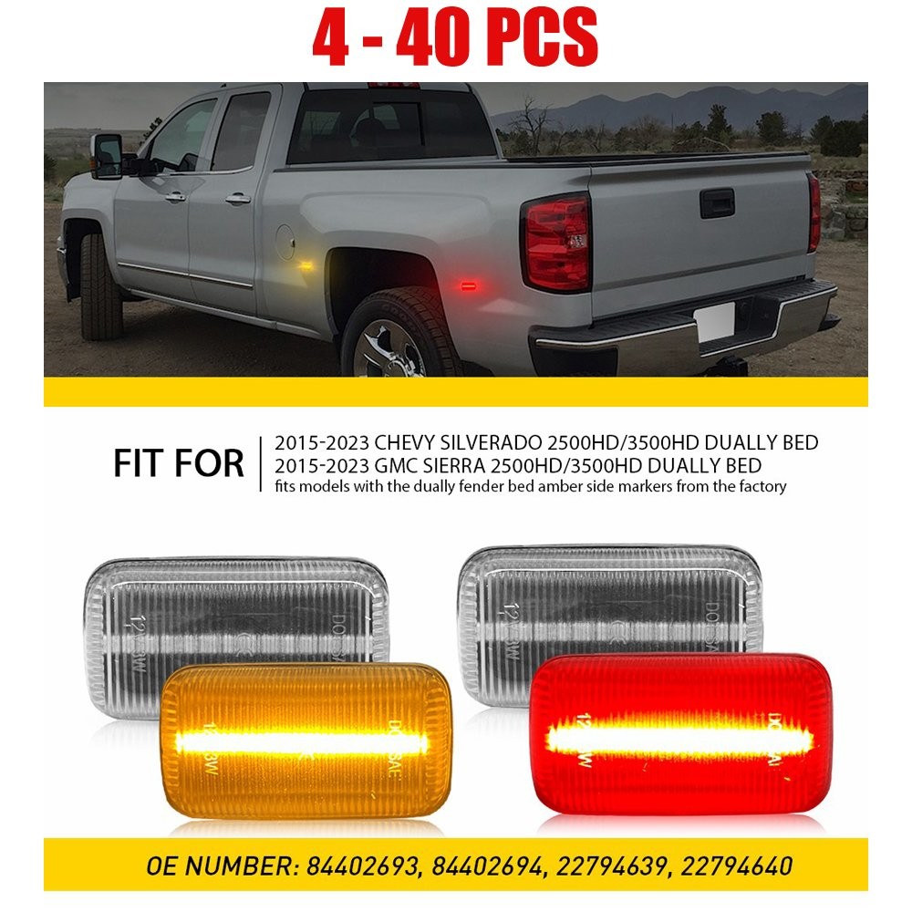 Fit 2015-2023 Chevy Silverado 2500HD 4-40X Fender Clear LED Side Amber Red Light