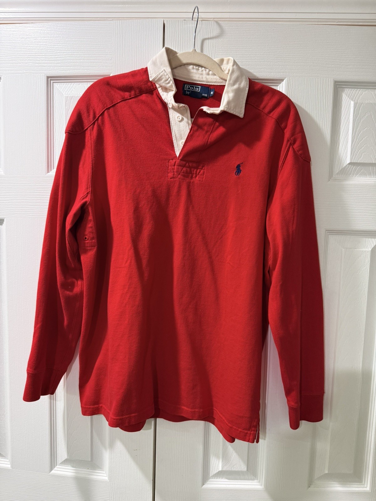 Polo Ralph Lauren Men\'s Red Rugby Shirt White Collar Long Sleeve size Medium