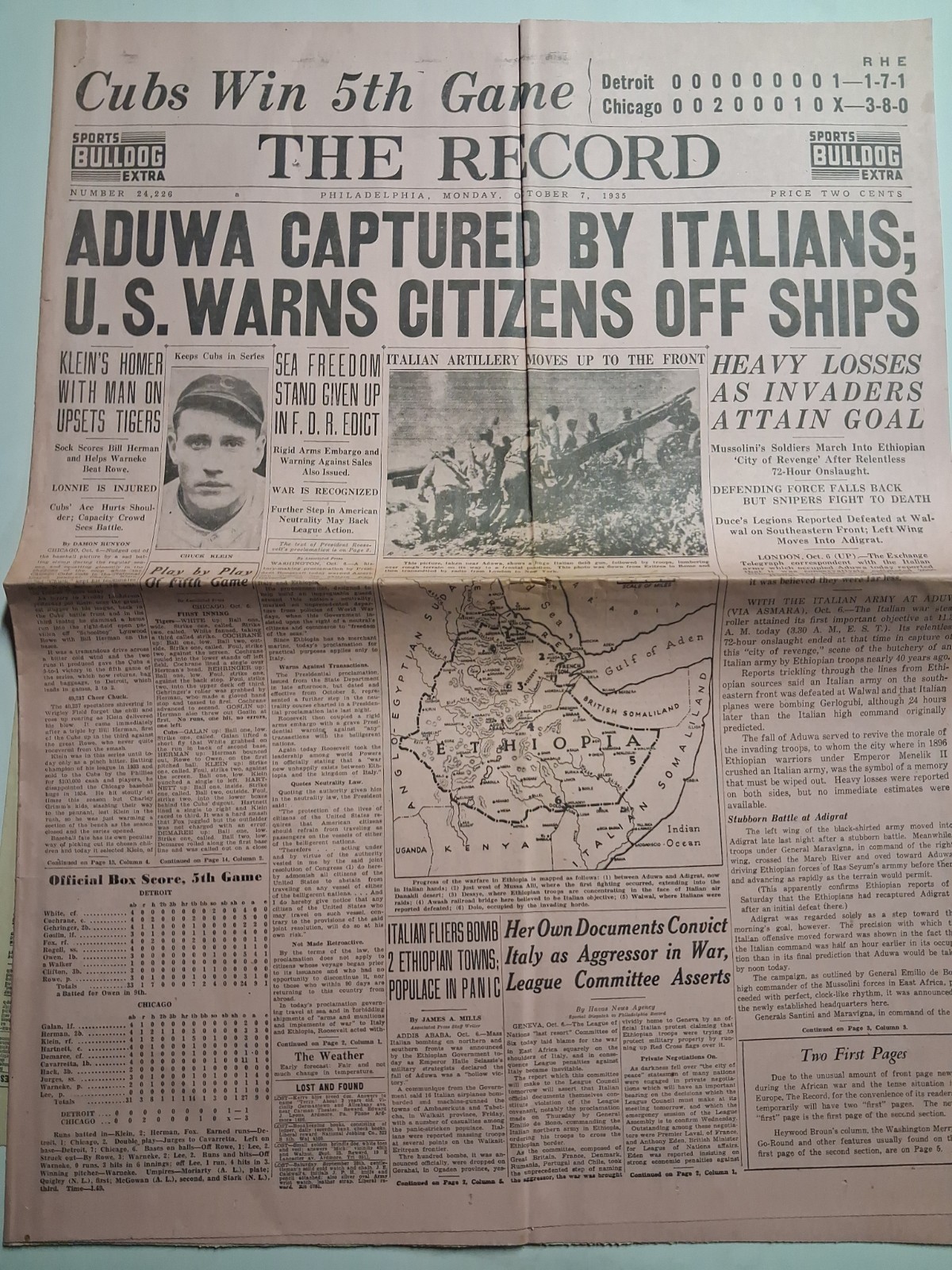 1935 THE RECORD Philadelphia Oct 7 ITALY ETHIOPIA