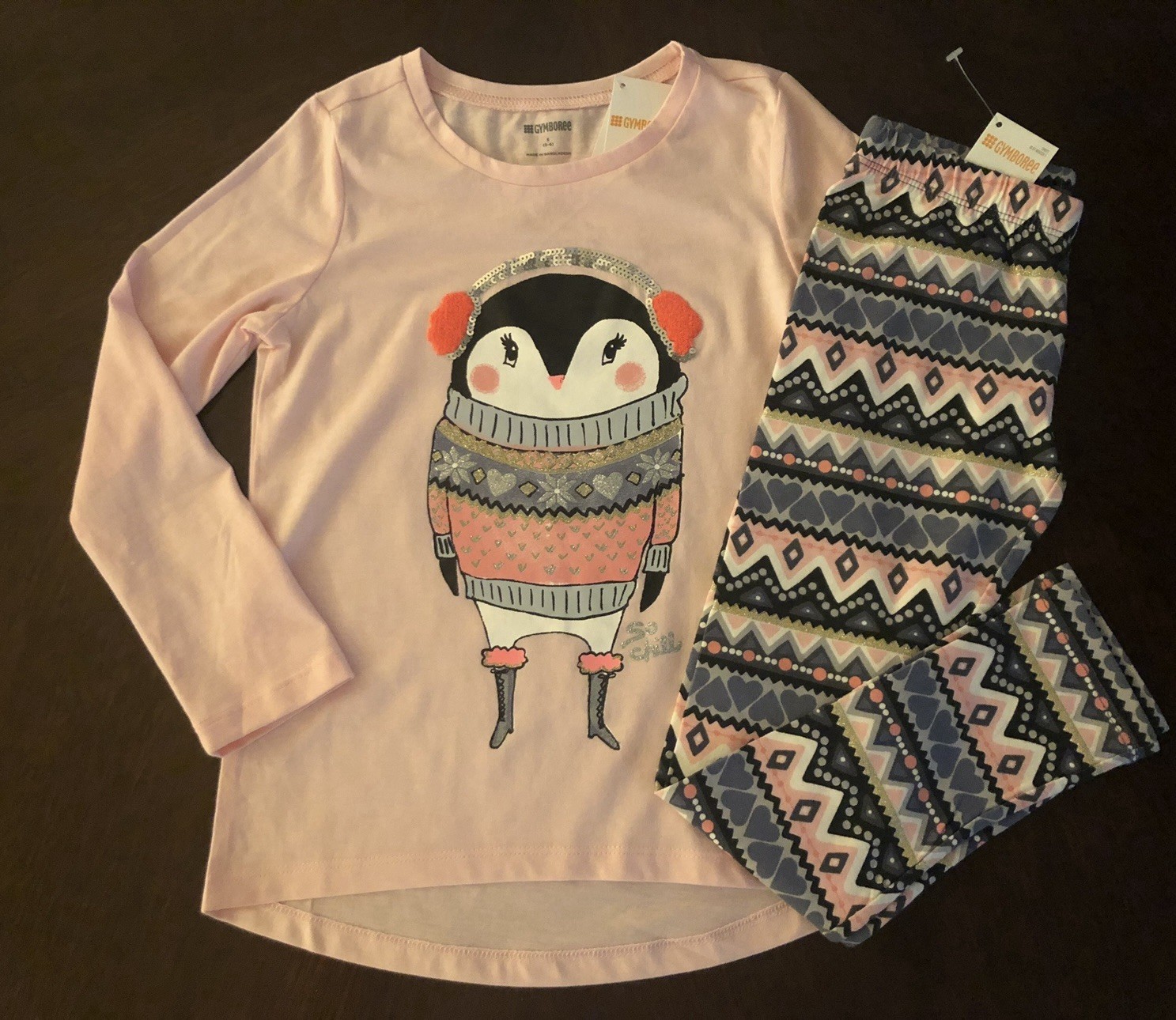 NWT Gymboree Girl Pink Penguin Top Winter &Fair Isle Leggings Set Size S(5-6)