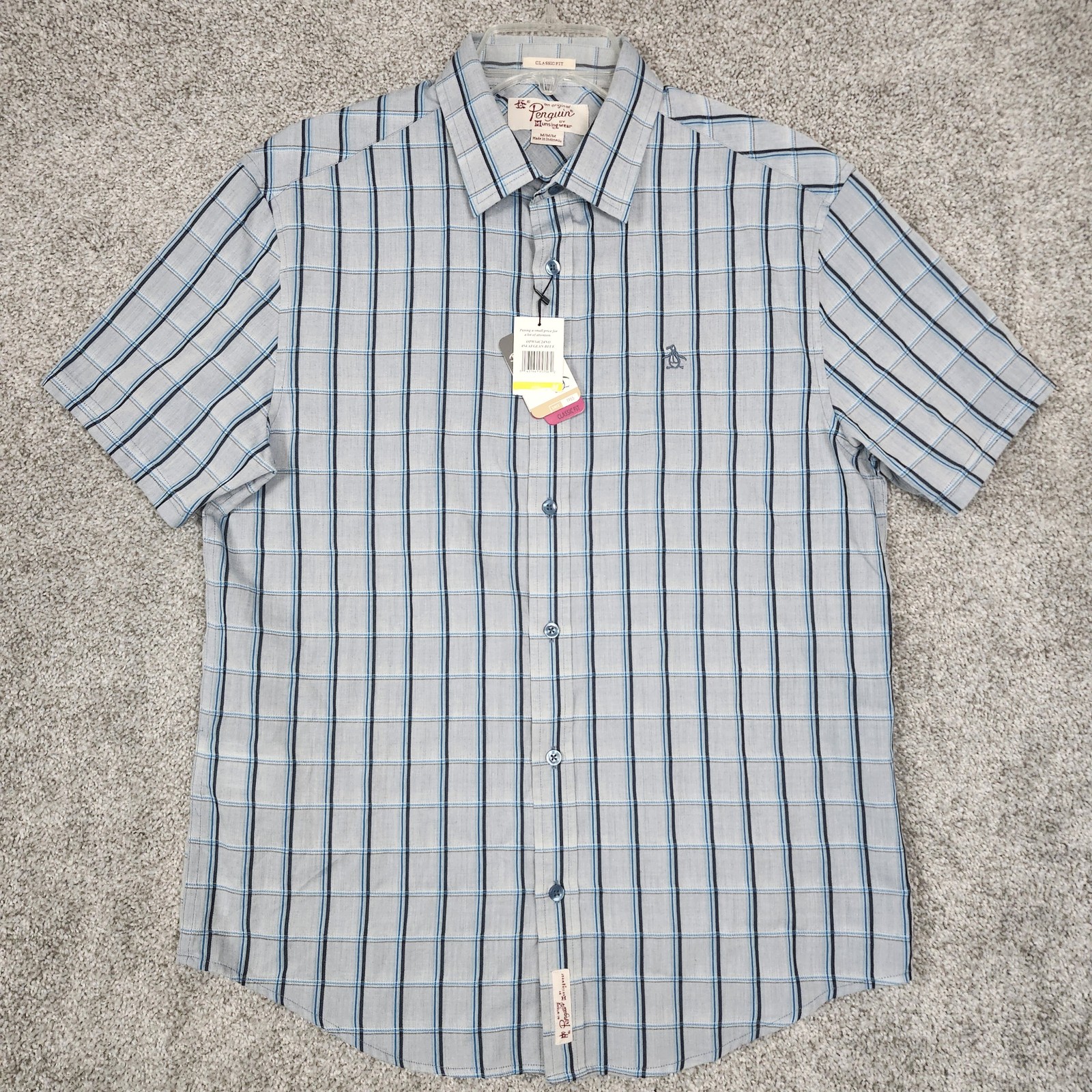 Original Penguin Shirt Mens Medium Blue Plaid Short Sleeve Classic Fit Button Up