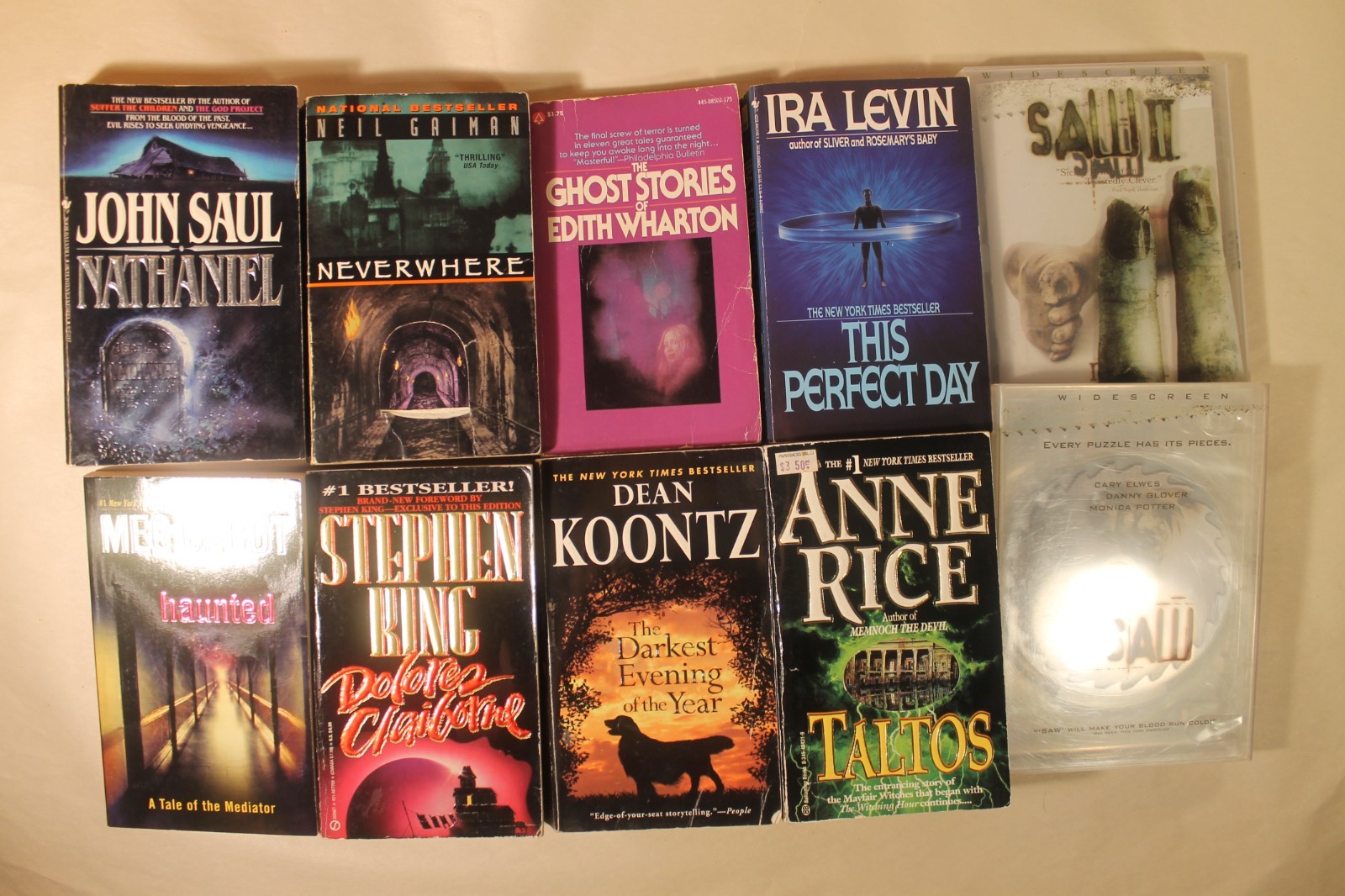 Lot of 10 Horror Novels & DVD\'s - Anne Rice, John Saul, Neil Gaiman, Koontz