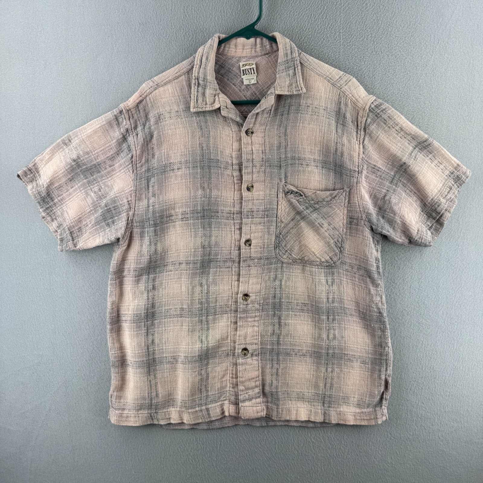 Vintage Rusty Shirt Mens Large 90s Shadow Plaid Surf Woven Cotton Button Up