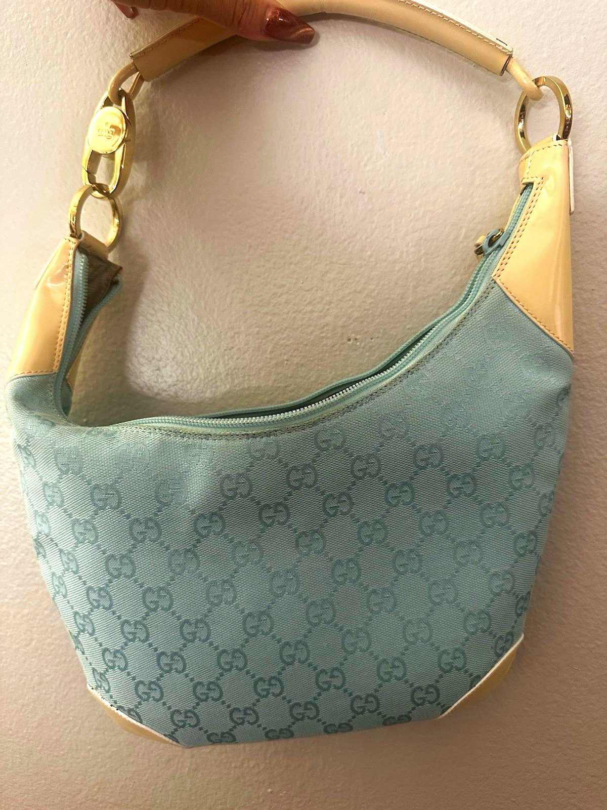 Authentic Vintage Gucci GG Canvas Half-Moon Hobo Bag - Mint / Light Blue