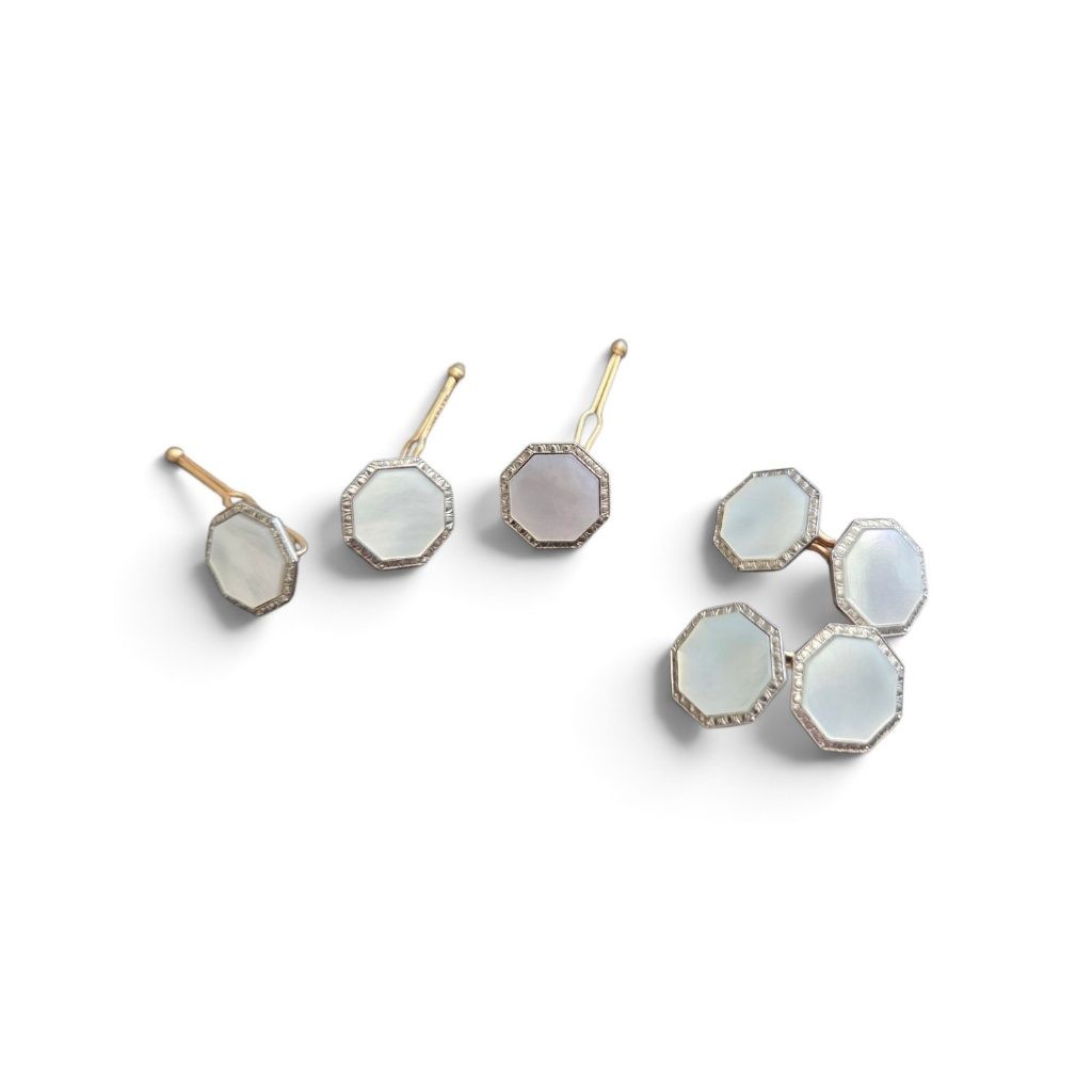Vintage Krementz Art Deco Mother of Pearl Cufflinks & Shirt Studs Tux Dress Set