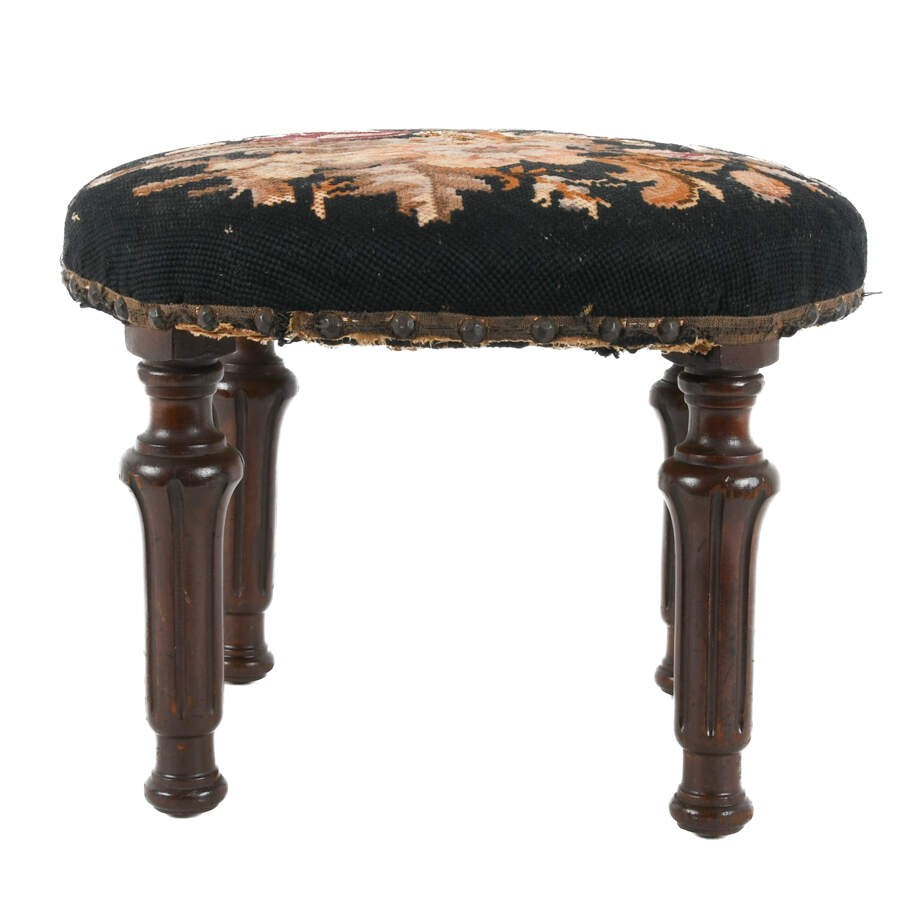 Antique 20th Century Floral Needlework Footstool Antique 20th Century Floral Needlework Footstool