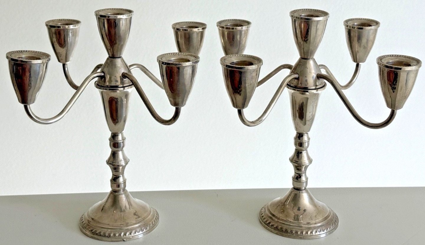 Vintage Duchin Pair of Sterling Silver 5-Light Convertible Weighted Candelabra
