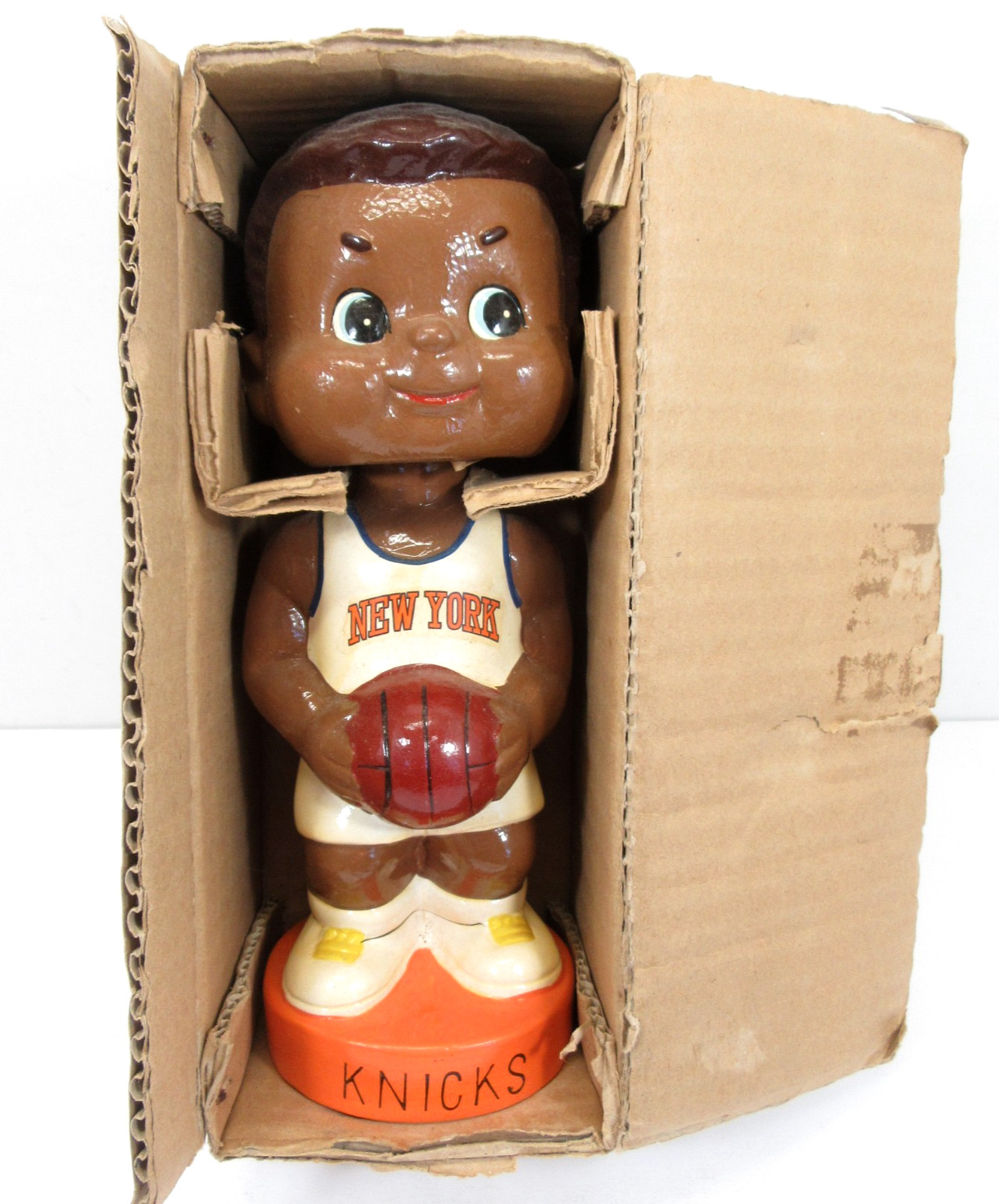 Vintage 1960s New York Knicks Bobblehead Bank Black Player Original Box NOS Rare