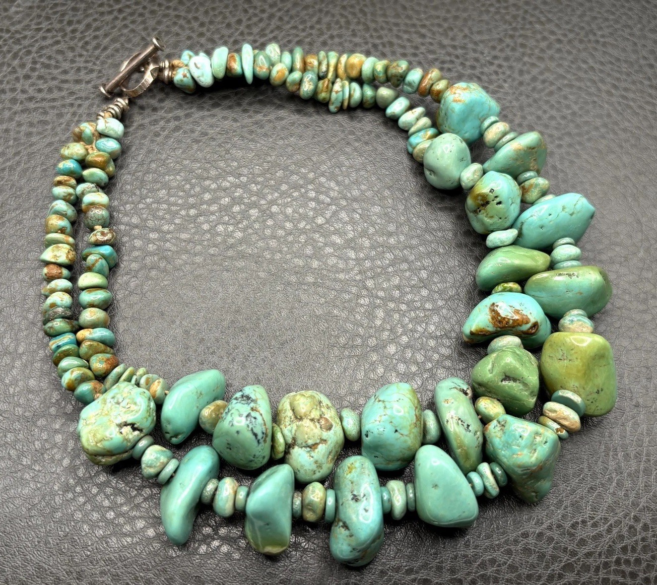 VTG Heavy Green Blue Brown Turquoise Sterling Double Strand Necklace 179g