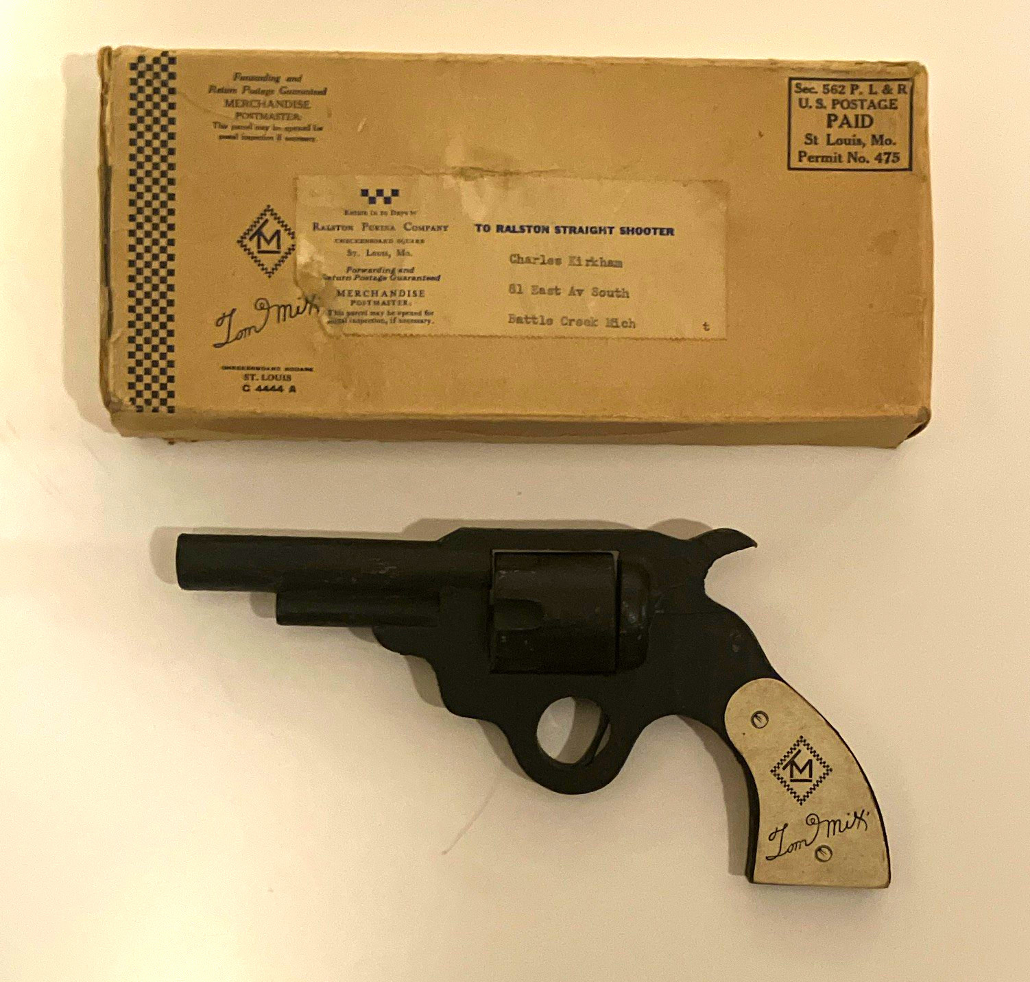 Tom Mix Vintage 1930 Diecast Cap Gun Toy Pistol Revolver w/ Box