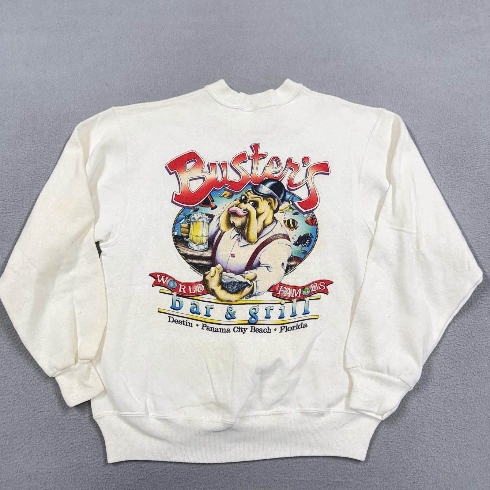 Vintage Buster\'s Bar & Grill Sweatshirt Mens XL White Graphic Beer Dog Destin FL