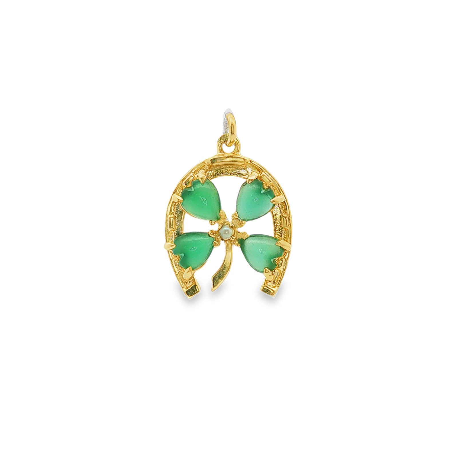 Vintage 13-14k Yellow Gold Horseshoe and Chalcedony Clover Pendant 1\