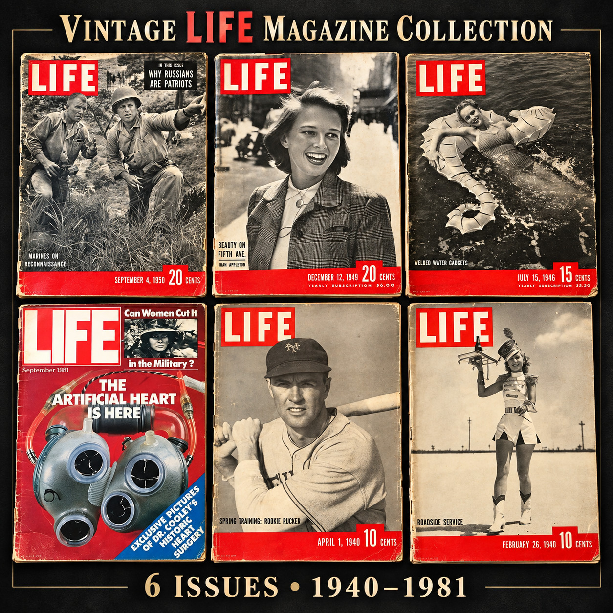 6 Vintage LIFE Magazines 1940-1981 WWII Korean War Atomic Bomb Artificial Heart