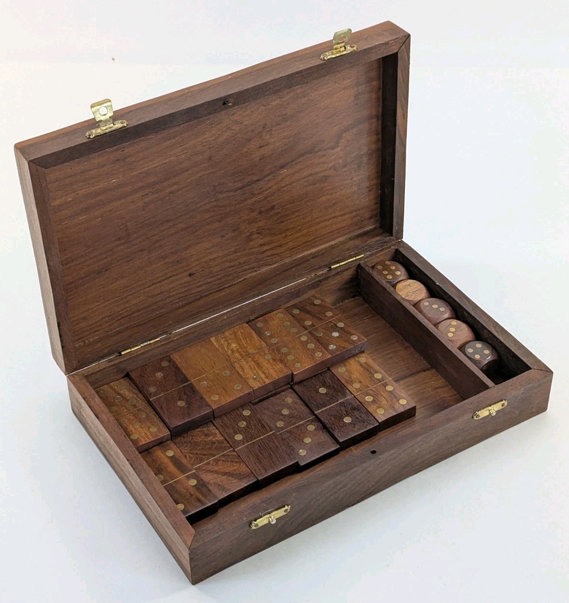 Vintage Wooden Domino Set Storage Box Wood Brass Inlay Handcrafted 18 Piece Vintage Wooden Domino Set Storage Box Wood Brass Inlay Handcrafted 18 Piece