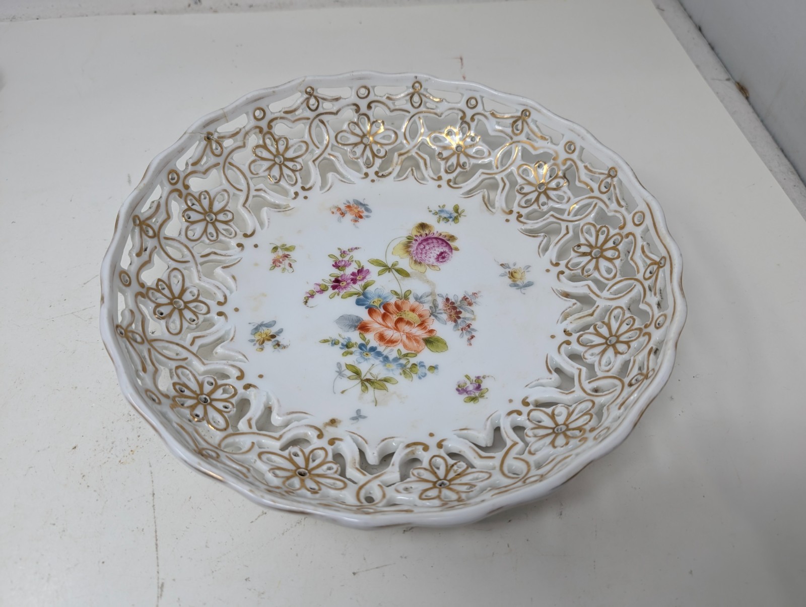 Antique Coiffe Limoges France Reticulated Floral Porcelain Bowl Gold 1891 (N1)