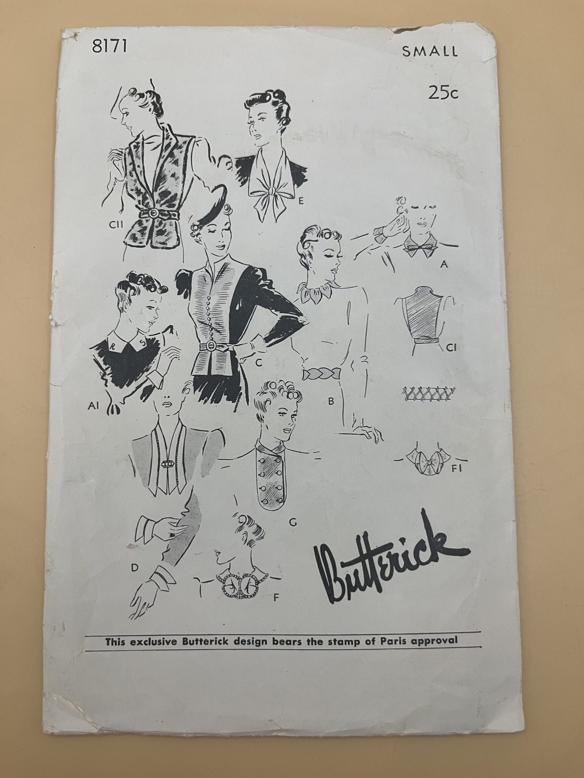 Vintage 1930s Butterick 8171 Collar Vestee Dickey Jabot Cuffs Sewing Pattern