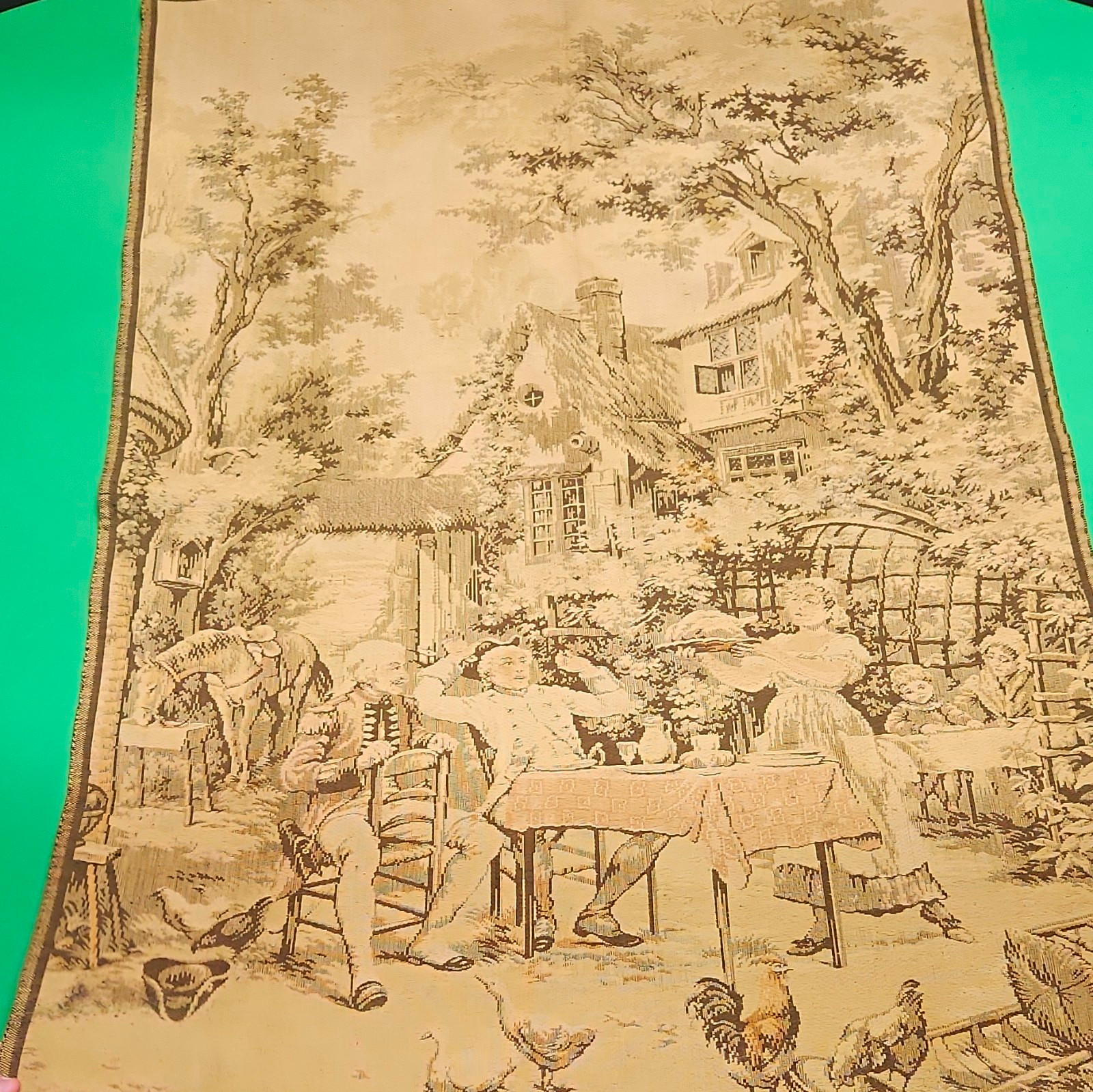 Vintage French Scenic Farmhouse Woven Fabric Tapestry Wall Hanging Large