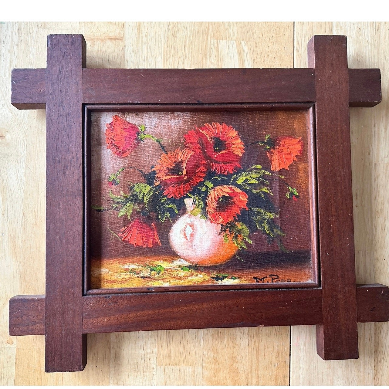 original oil painting, flowers, vase, still life, signed, vintage wooden frame.