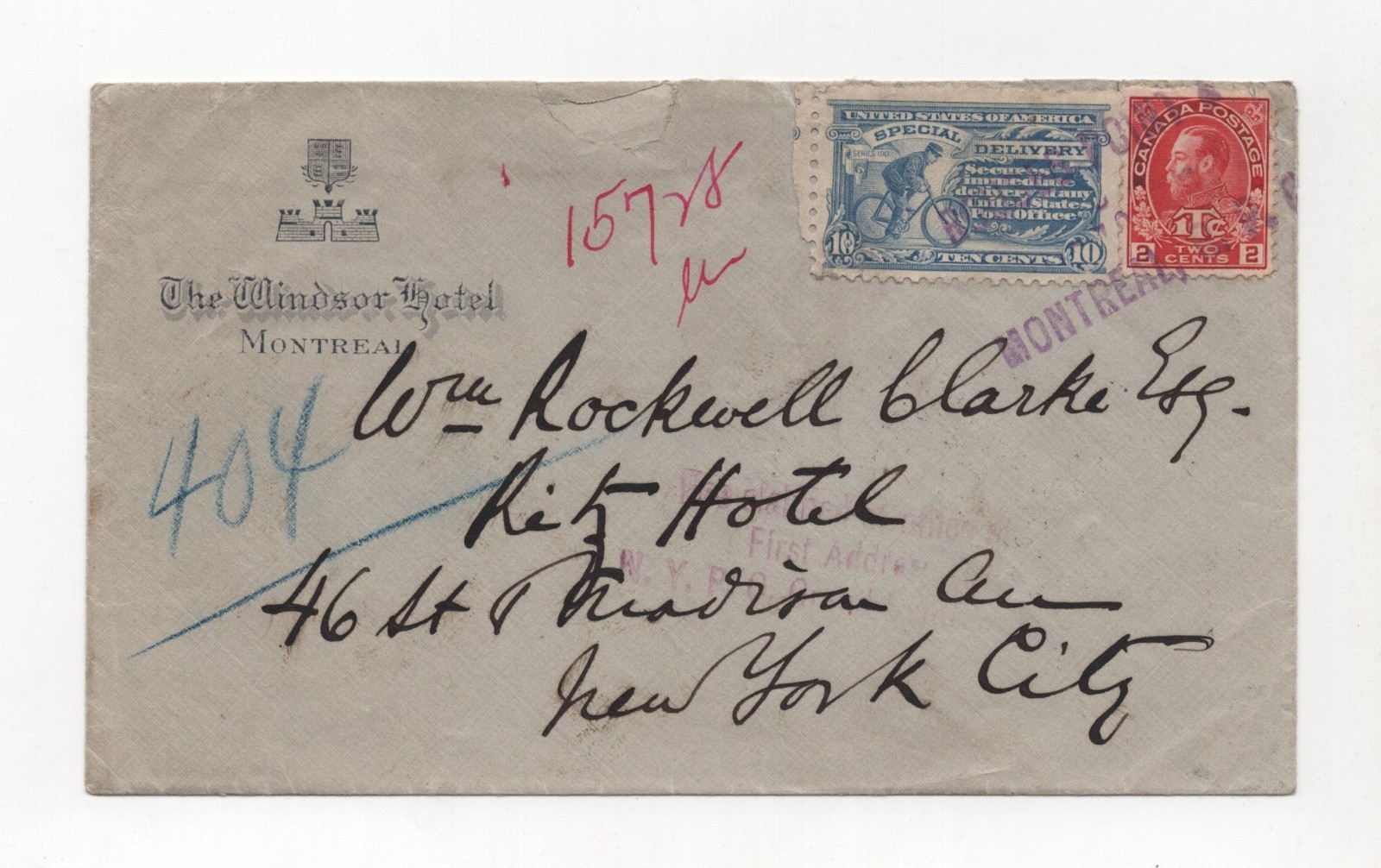 CANADA US 1916 MIXED FRANKING MONTREAL RPO SPECIAL DELIVERY TO NYC US COVER