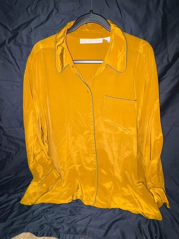 Vintage Paul Alexander 100% Silk Blouse Womens 10 Mustard Yellow 80s 90s Retro