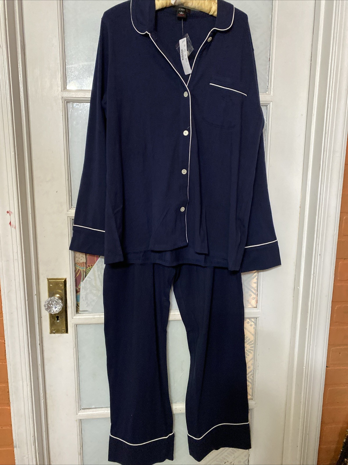 NWT J.Crew Women\'s Size Medium L Navy Piped Dreamy Cotton Long Pajama Set AC318 NWT J.Crew Women\'s Size Medium L Navy Piped Dreamy Cotton Long Pajama Set AC318